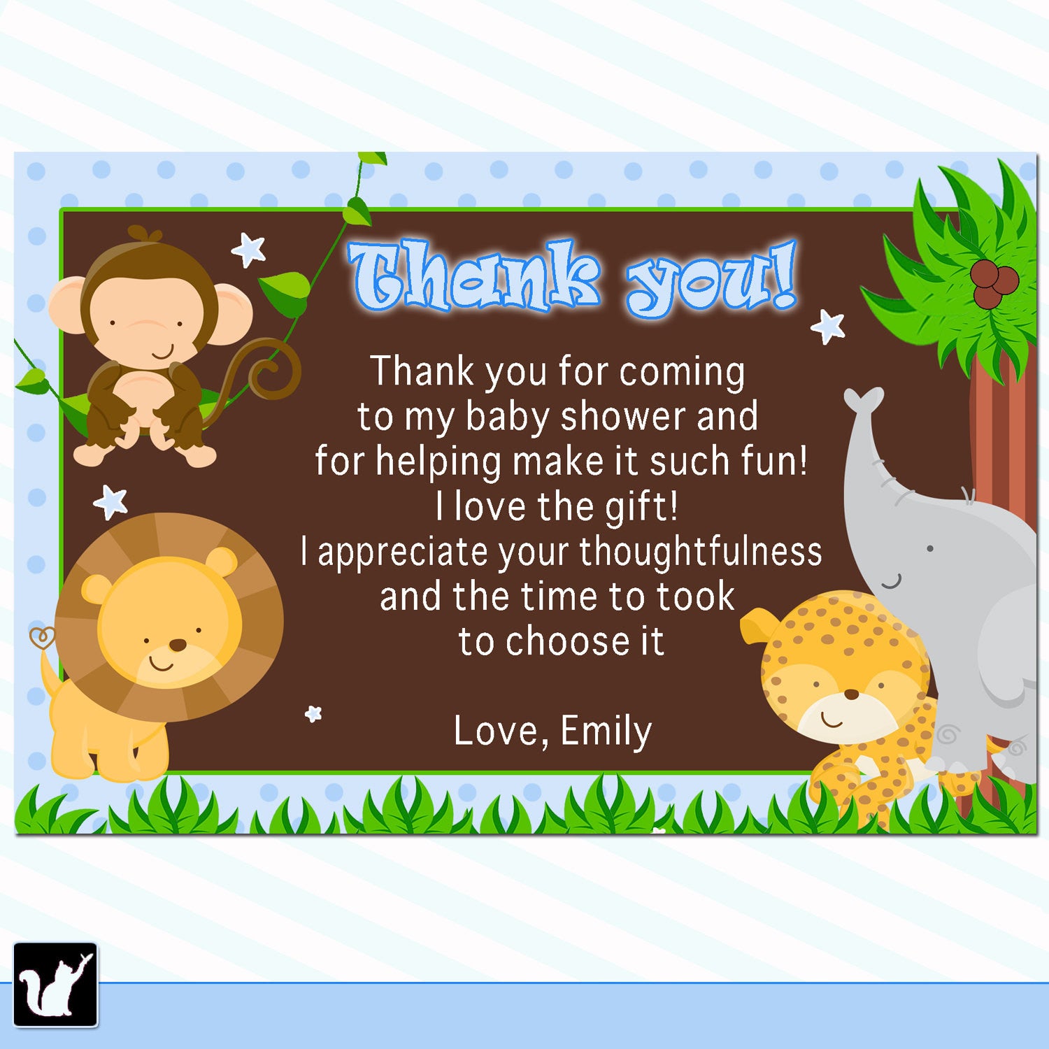 Jungle Thank You Card Note Baby Boy Shower Birthday Blue
