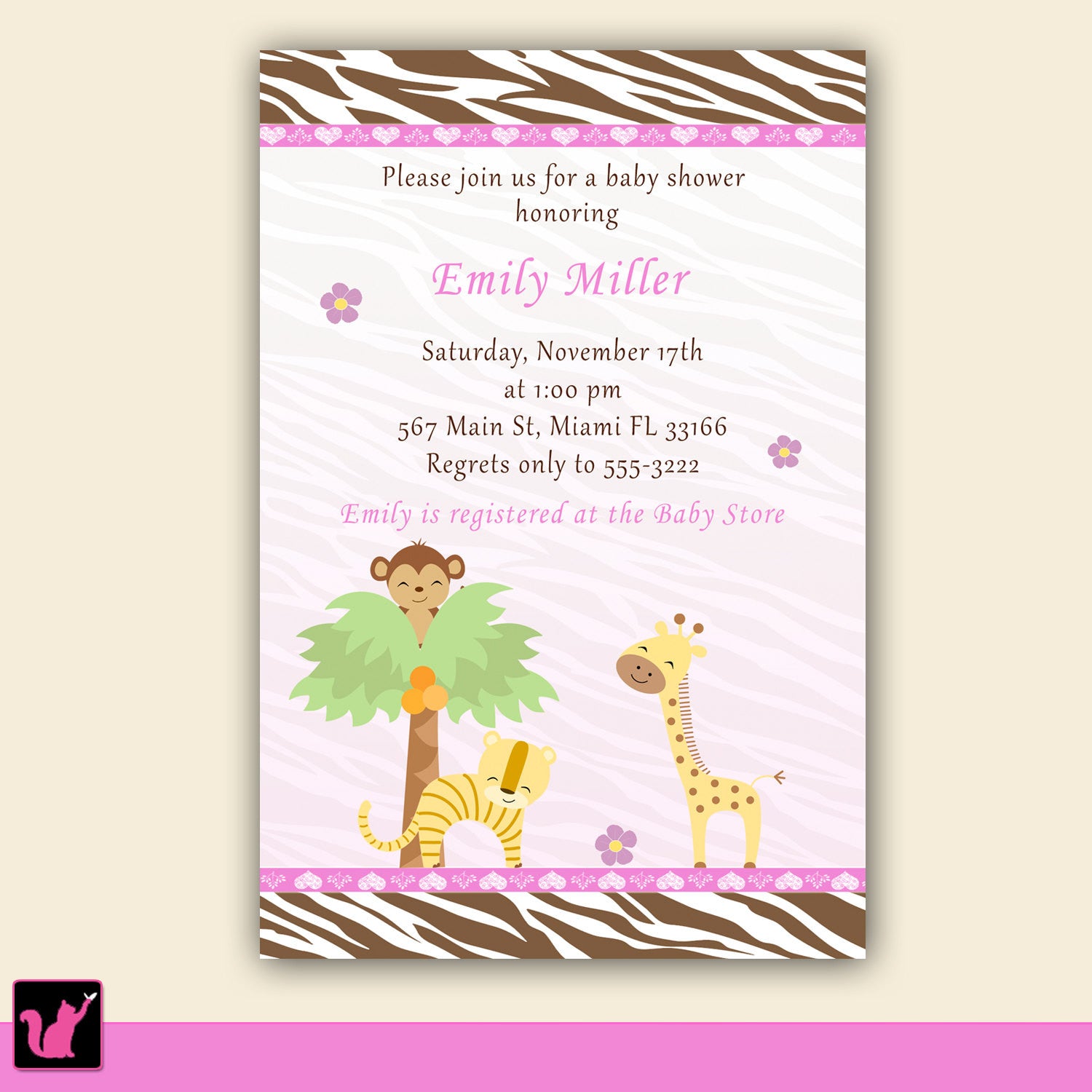 pink zebra jungle invitation