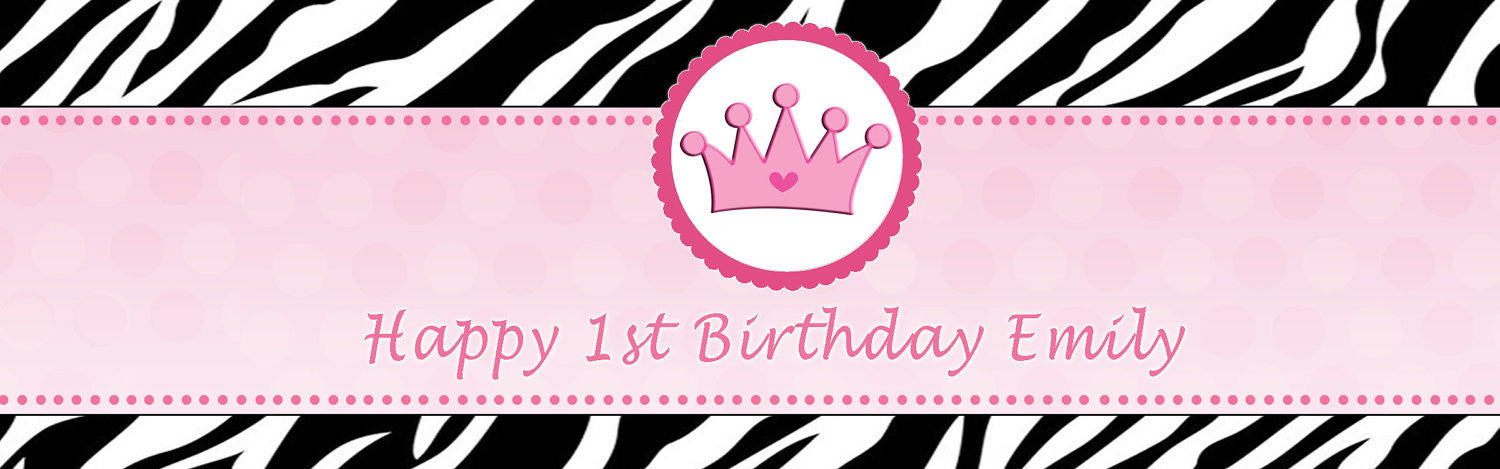 Pink Zebra Princess Crown Bottle Label Birthday Baby Shower