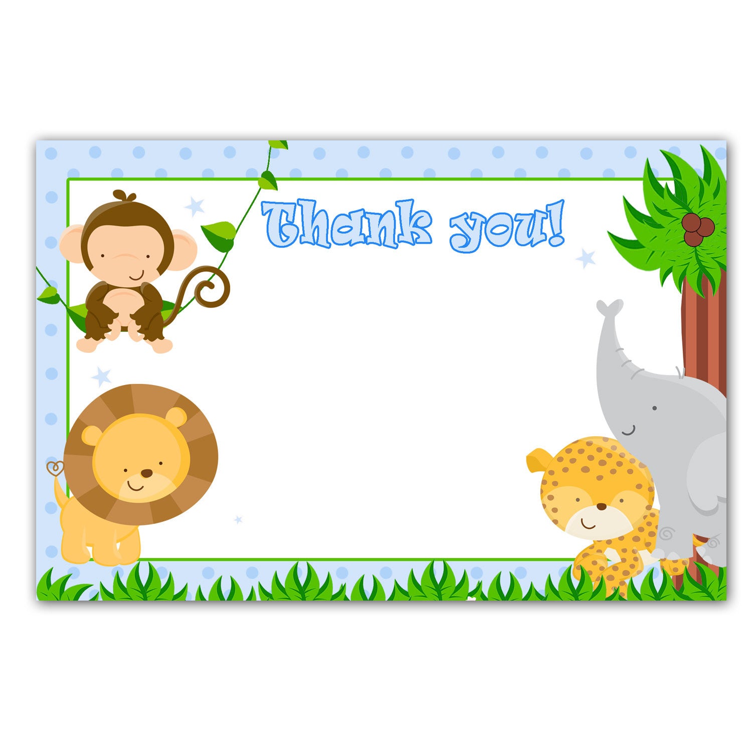 Printable Jungle Animals White Blank Thank you card - Baby Shower or Birthday Blue Boy Monkey Lion Note INSTANT DOWNLOAD