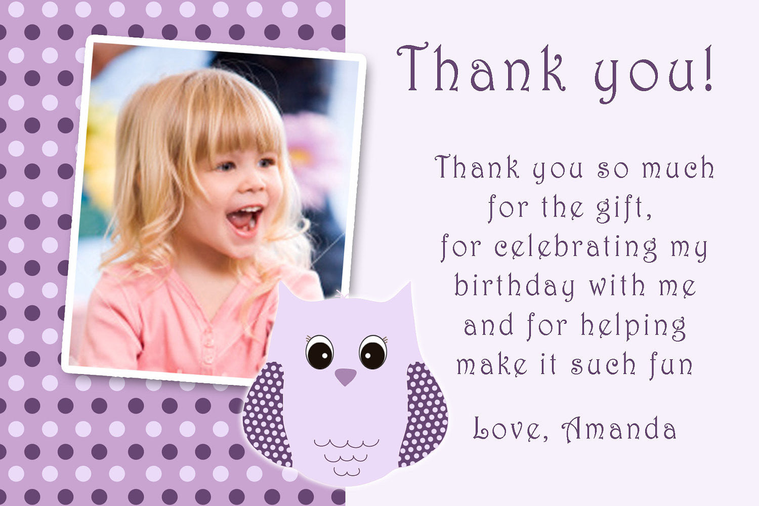 Owl Thank You Note Photo Card Purple Girl Birthday Printable