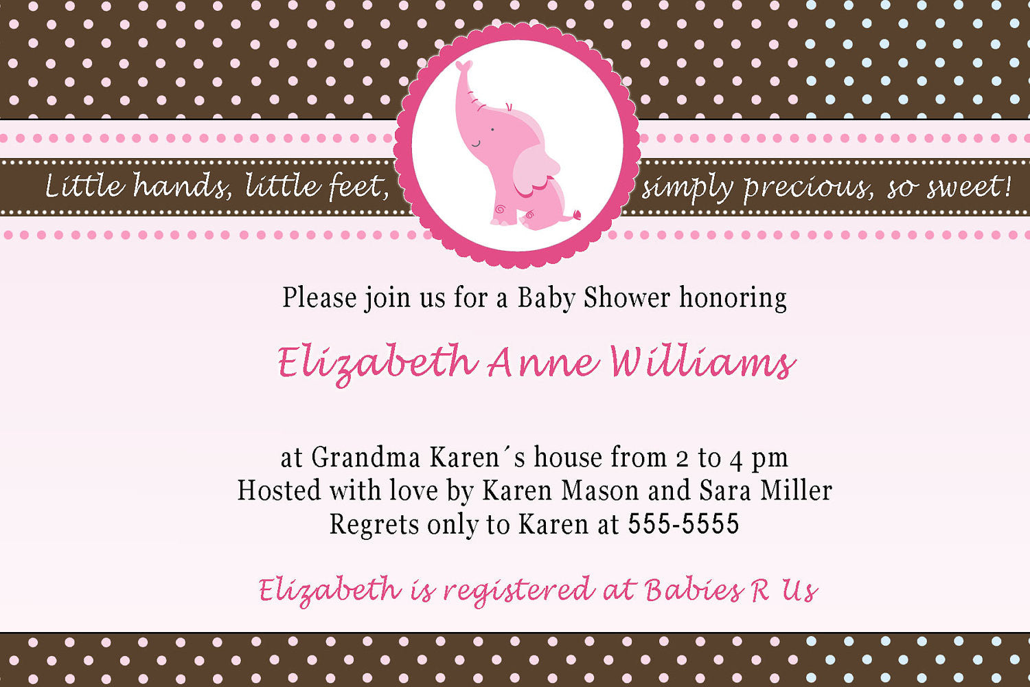 elephant pink bown baby shower invitation