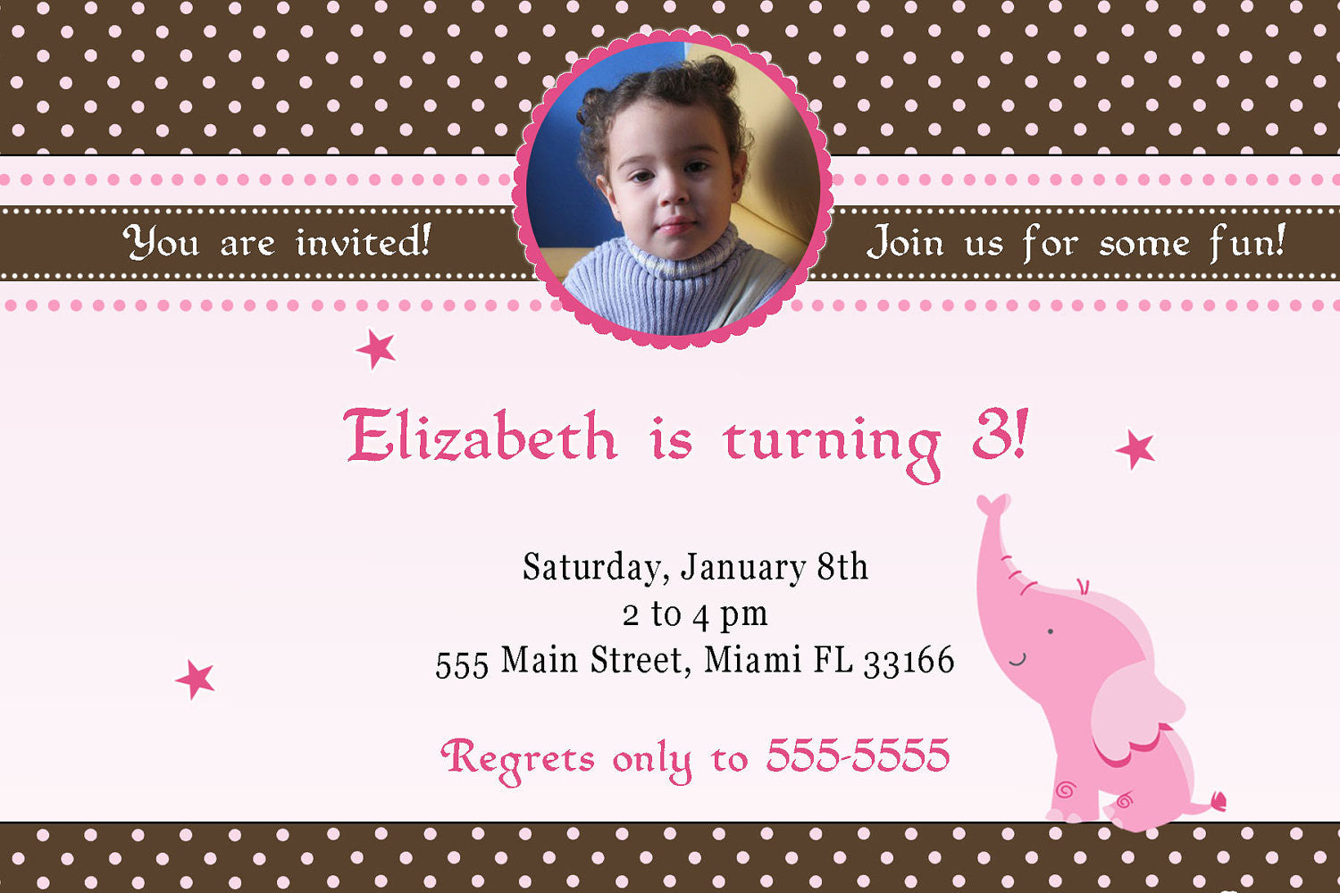 pink brown elephant photo invitation