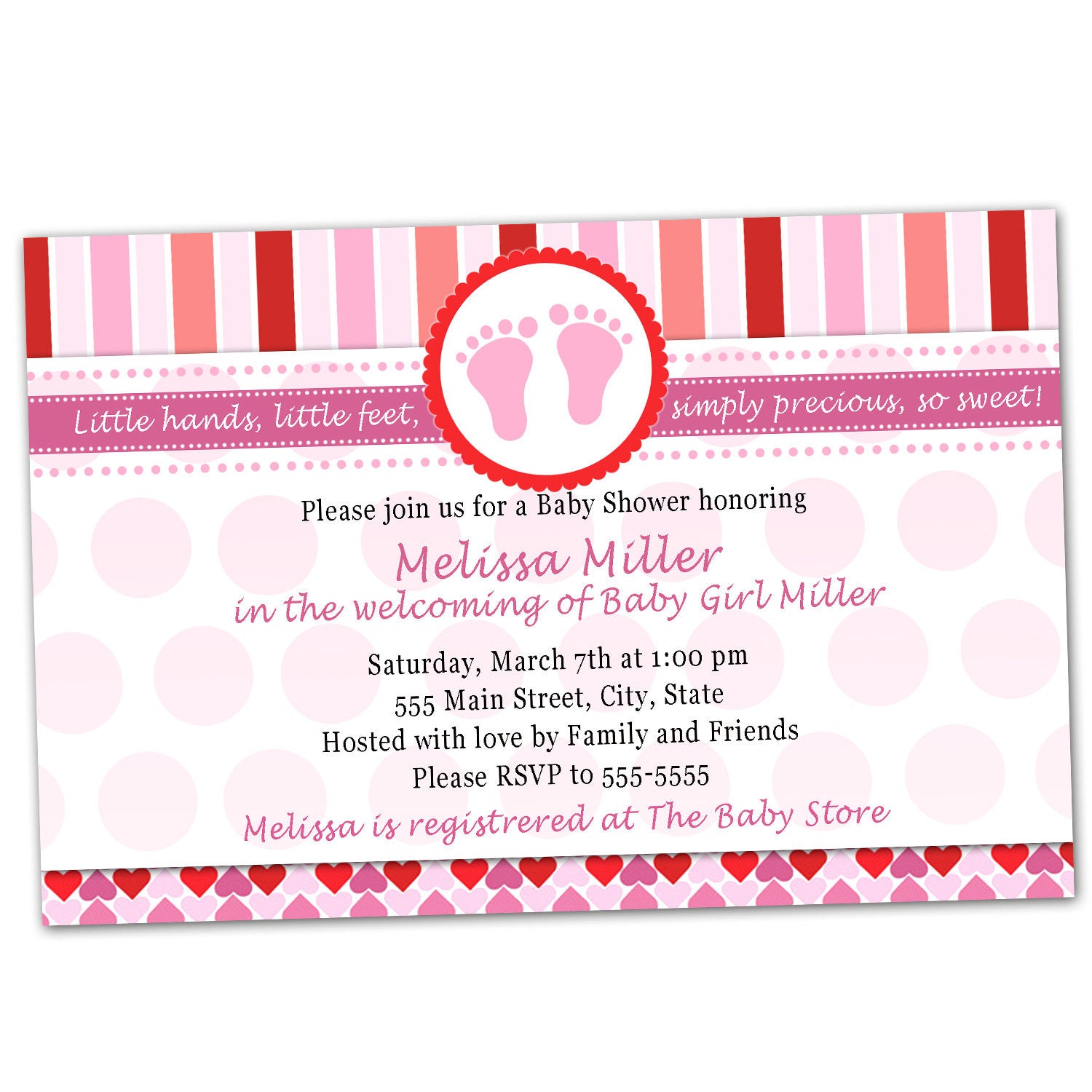 stripes hearts invitation baby shower pink red