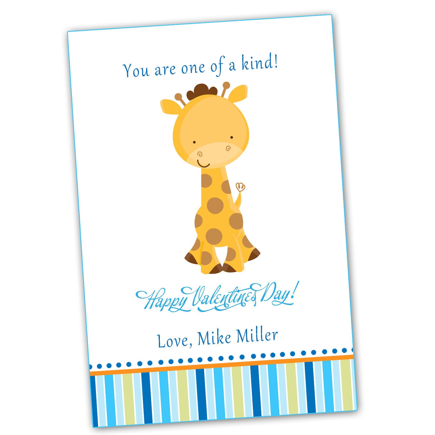 Kids Valentines Card - Lovely Giraffe Blue Stripes Boy Greeting Card Printable Personalized