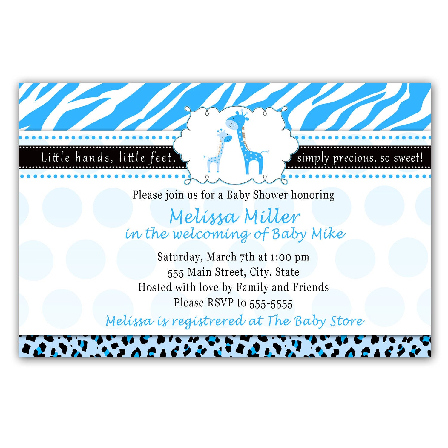 blue giraffes baby shower invitation