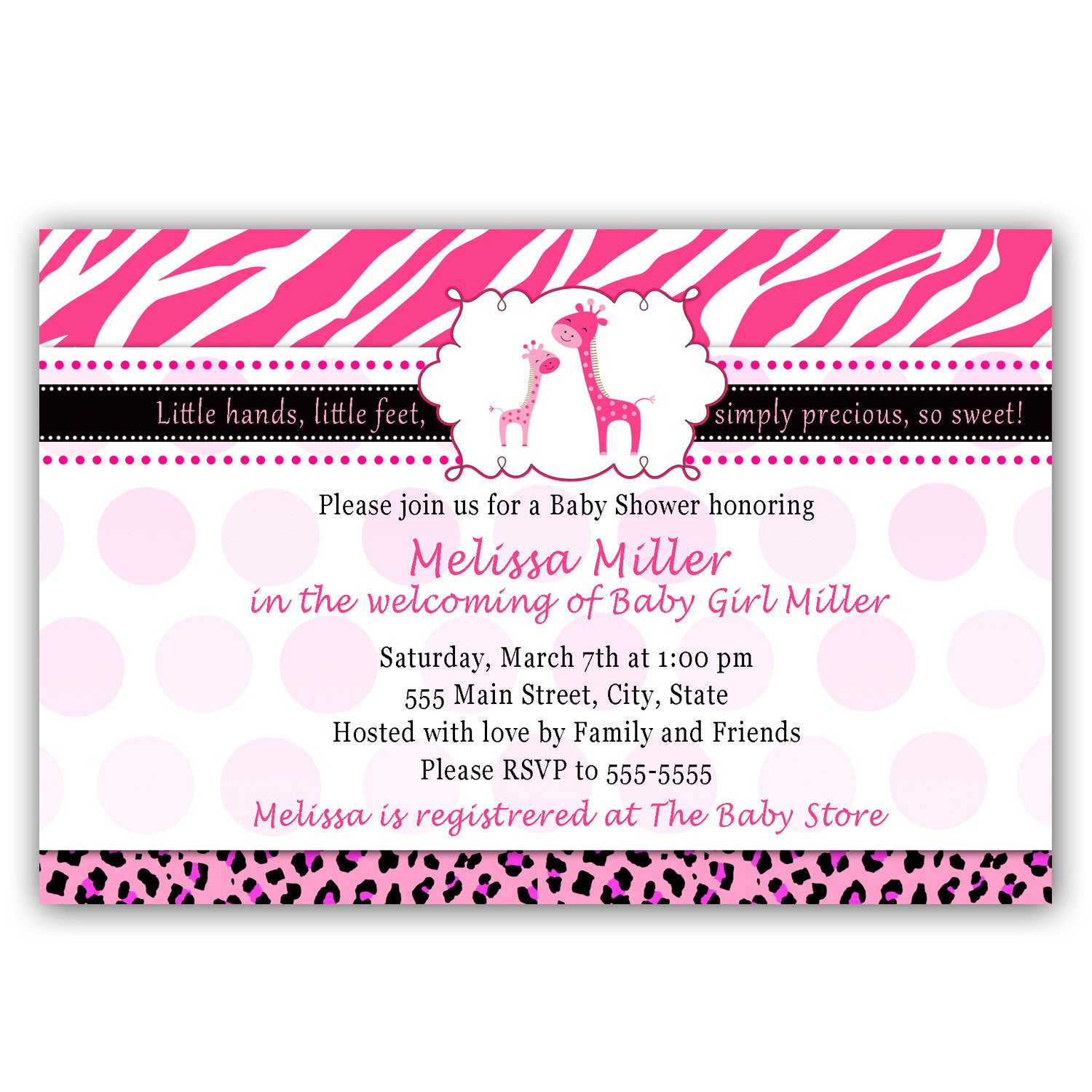 Giraffe Baby Girl Shower Invitation Hot Pink Zebra