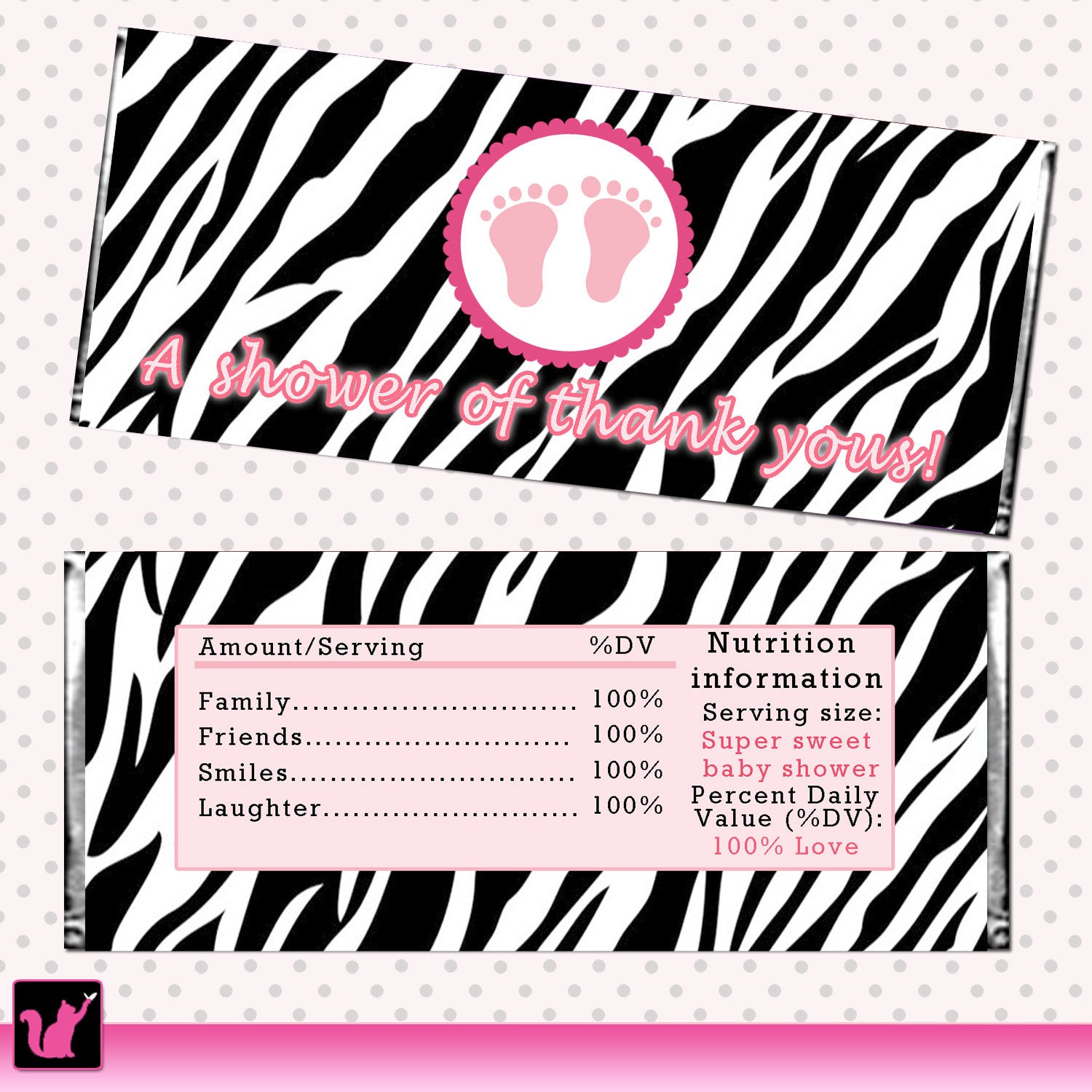 Pink Zebra Baby Shower Candy Bar Wrapper Label