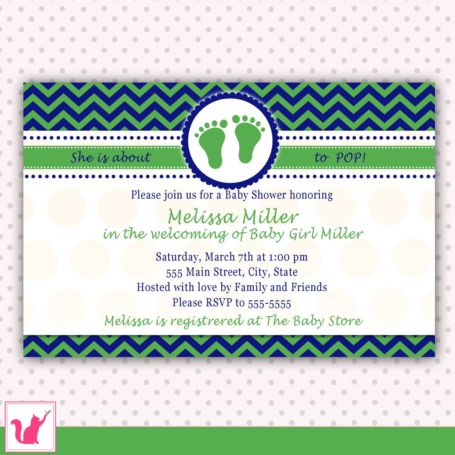 Blue Green Chevron Feet Baby Boy Shower Invitation