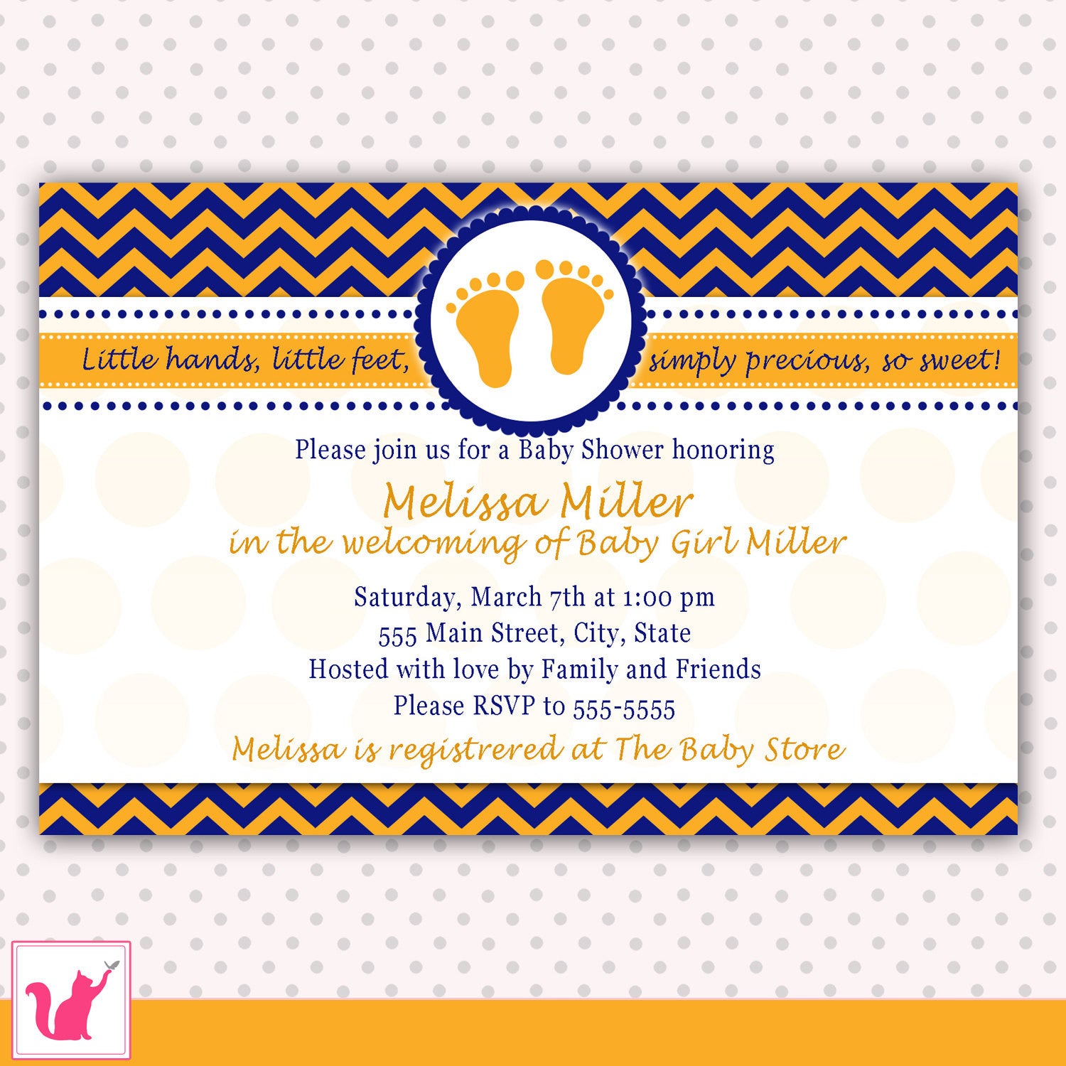 blue orange feet baby shower invitation