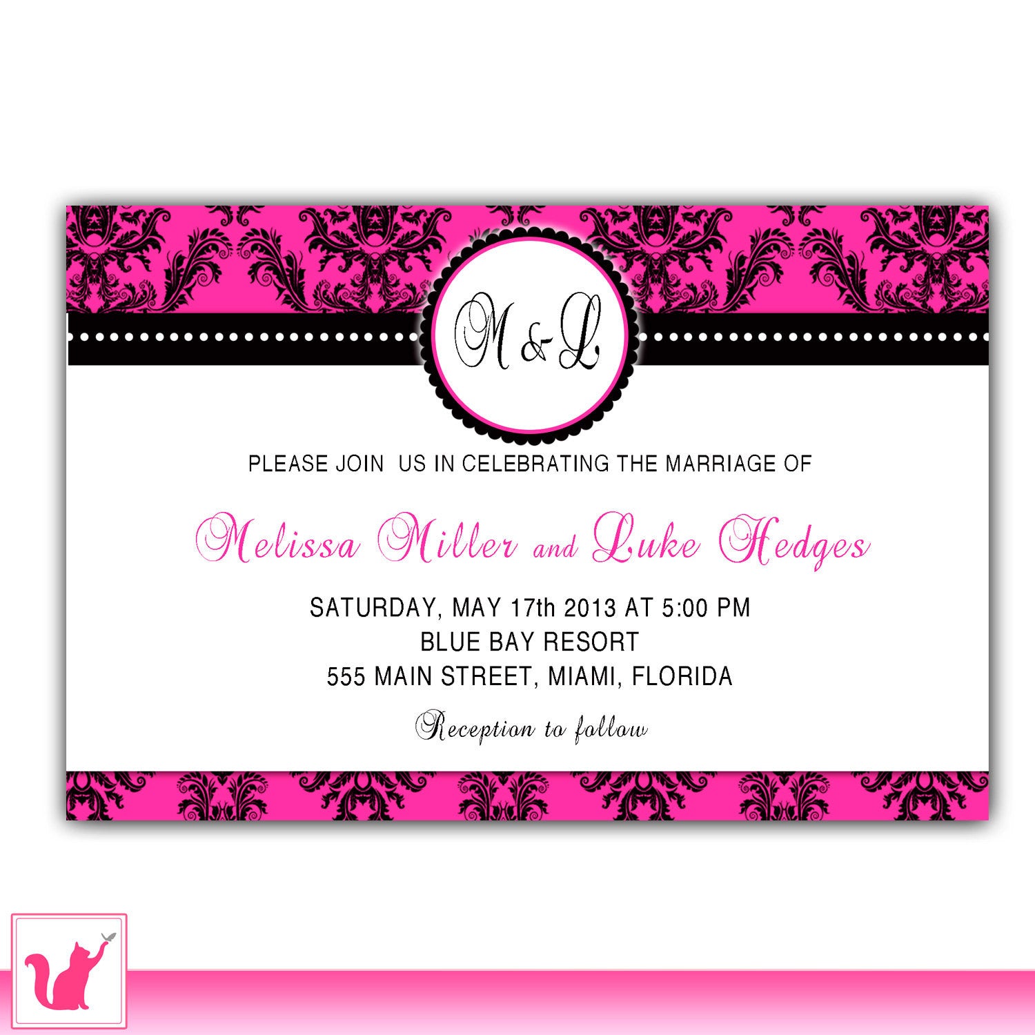 hot pink black wedding invitation