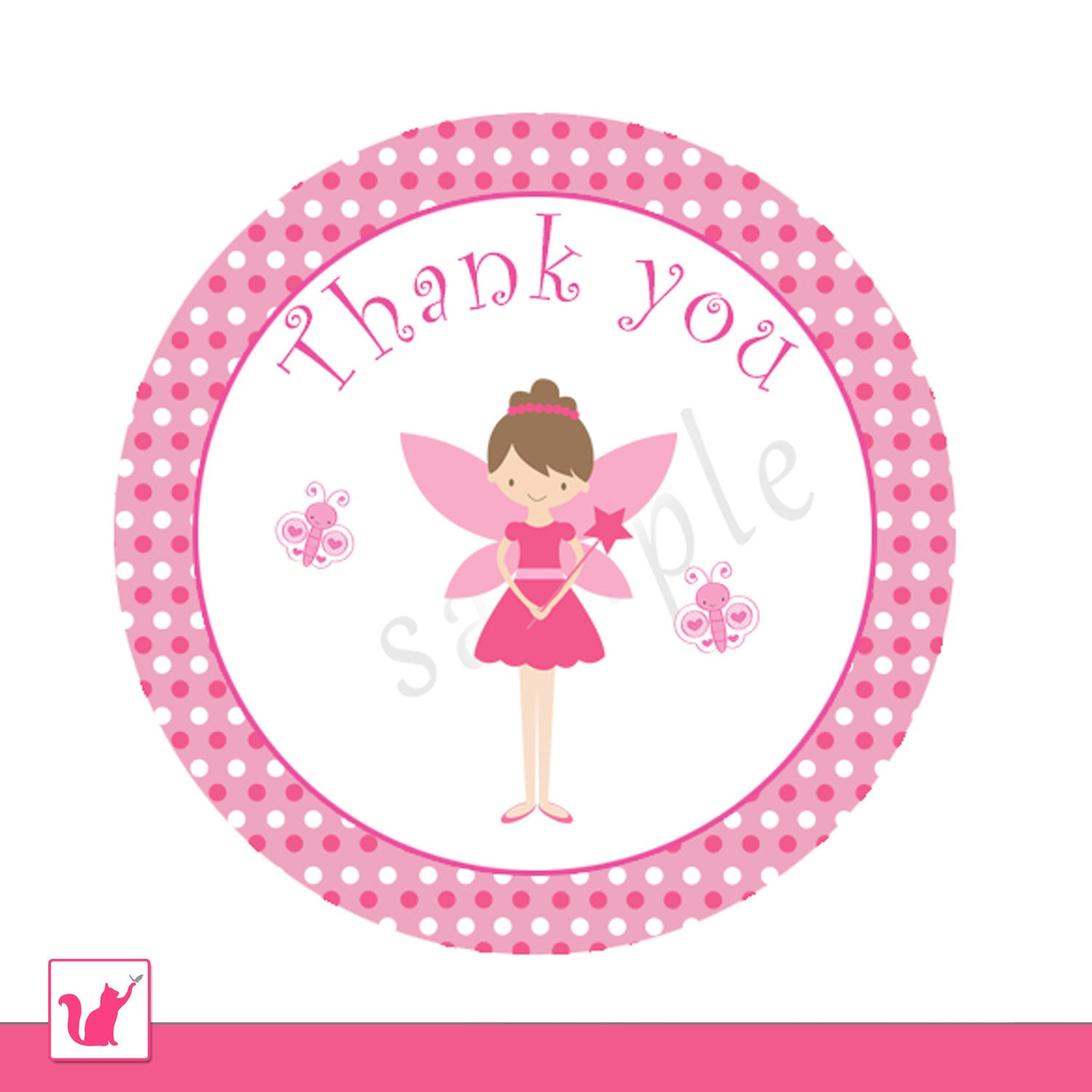 Printable Cute Pink Fairy Pixie Thank You Tag Label - Circle Hot Pink Polka Dots Girl Baby Shower Birthday Party Personlalized