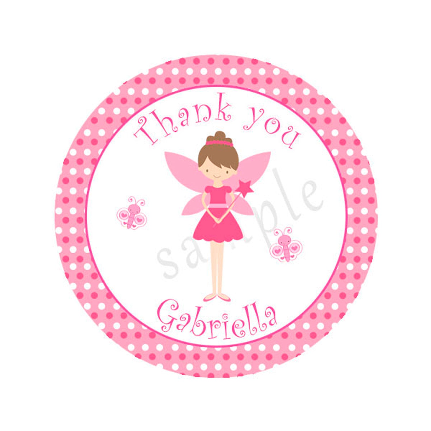 Printable Cute Pink Fairy Pixie Thank You Tag Label - Circle Hot Pink Polka Dots Girl Baby Shower Birthday Party Personlalized