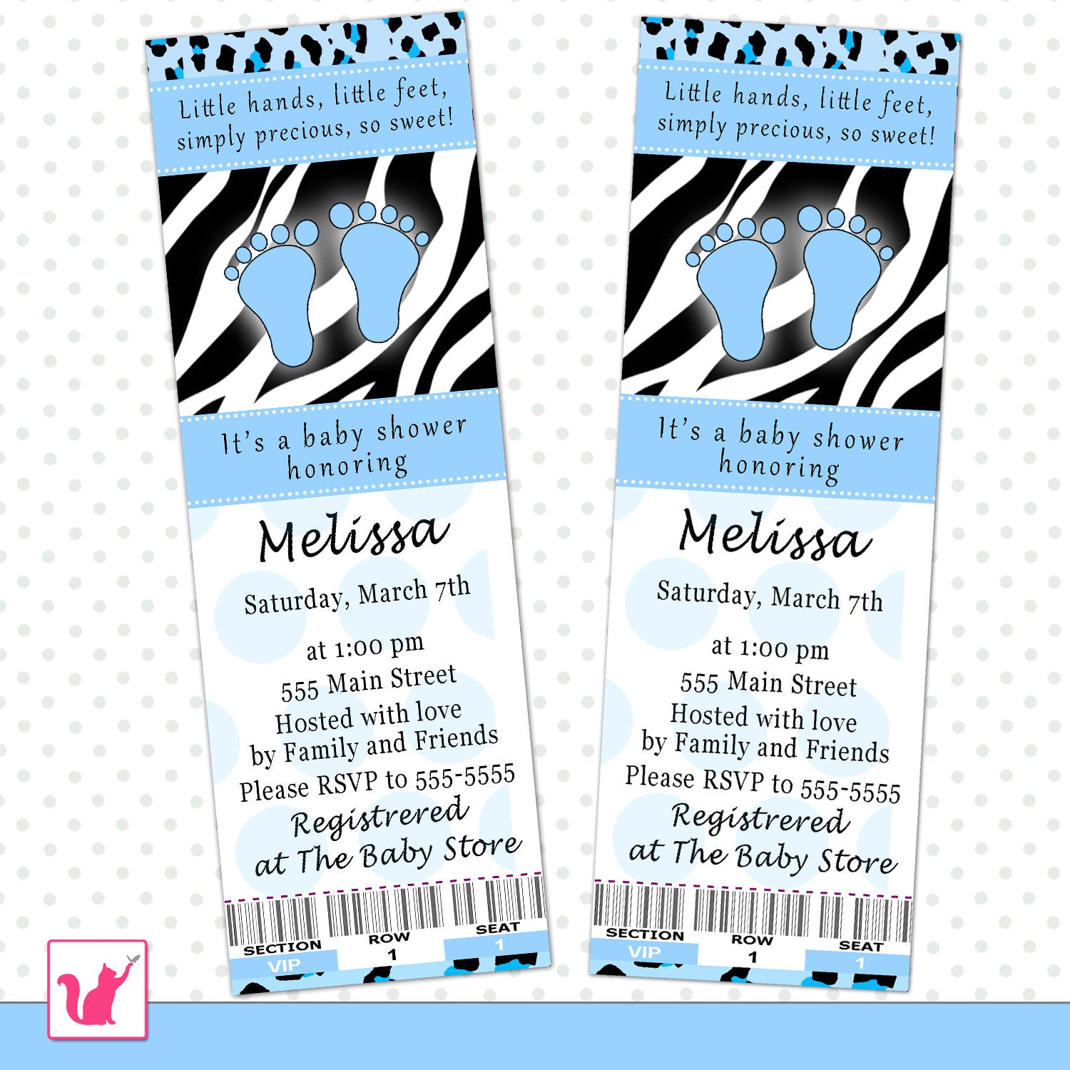 Baby Shower Ticket Invitation Blue Black Zebra