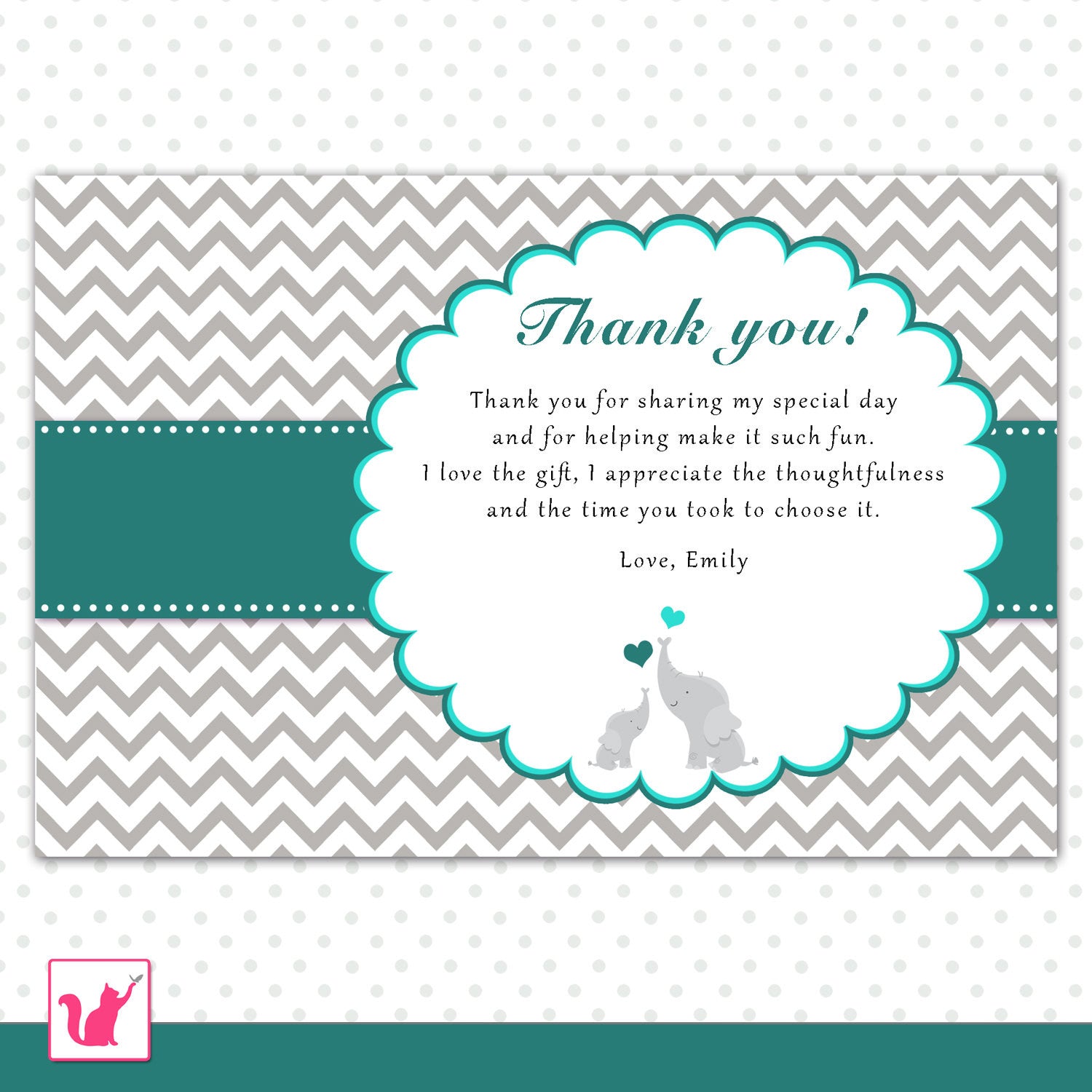 Teal Silver Elephant Thank You Note Card Baby Shower Printable