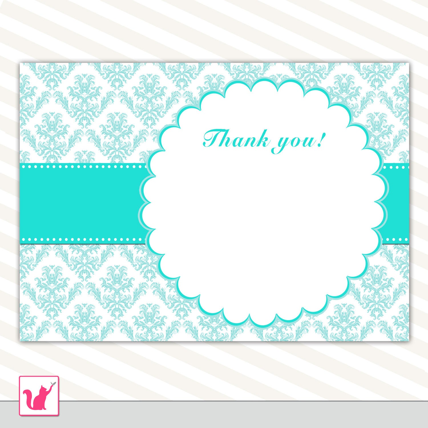 Teal damask thank you card wedding. bridal shower printable