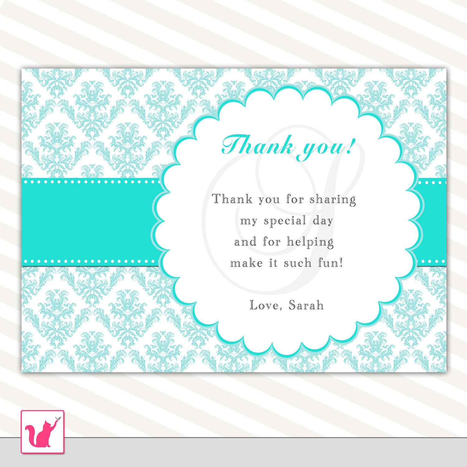 Turquoise Damask Thank You Card Note Birthday Bridal Shower