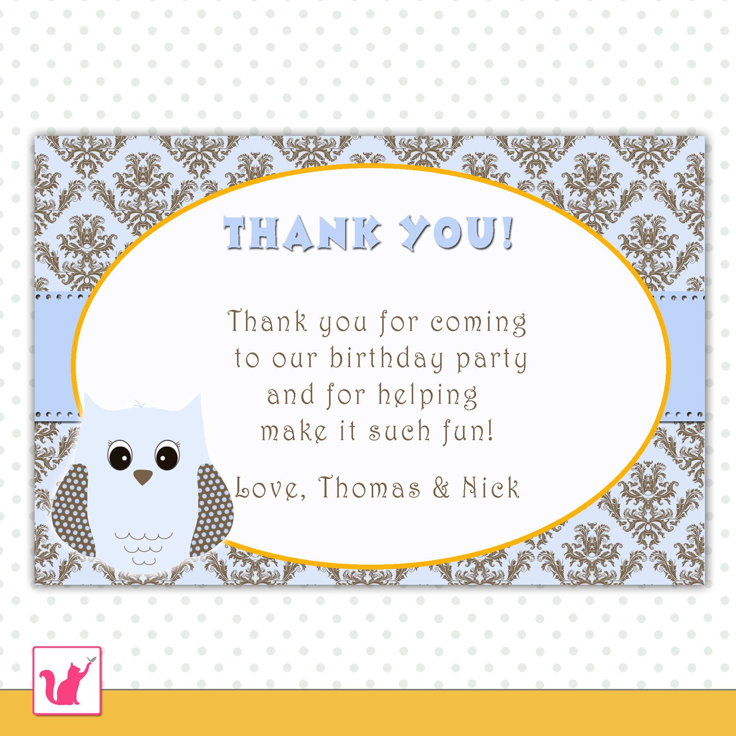 Owl Thank You Card Note Baby Shower Birthday Blue Gold