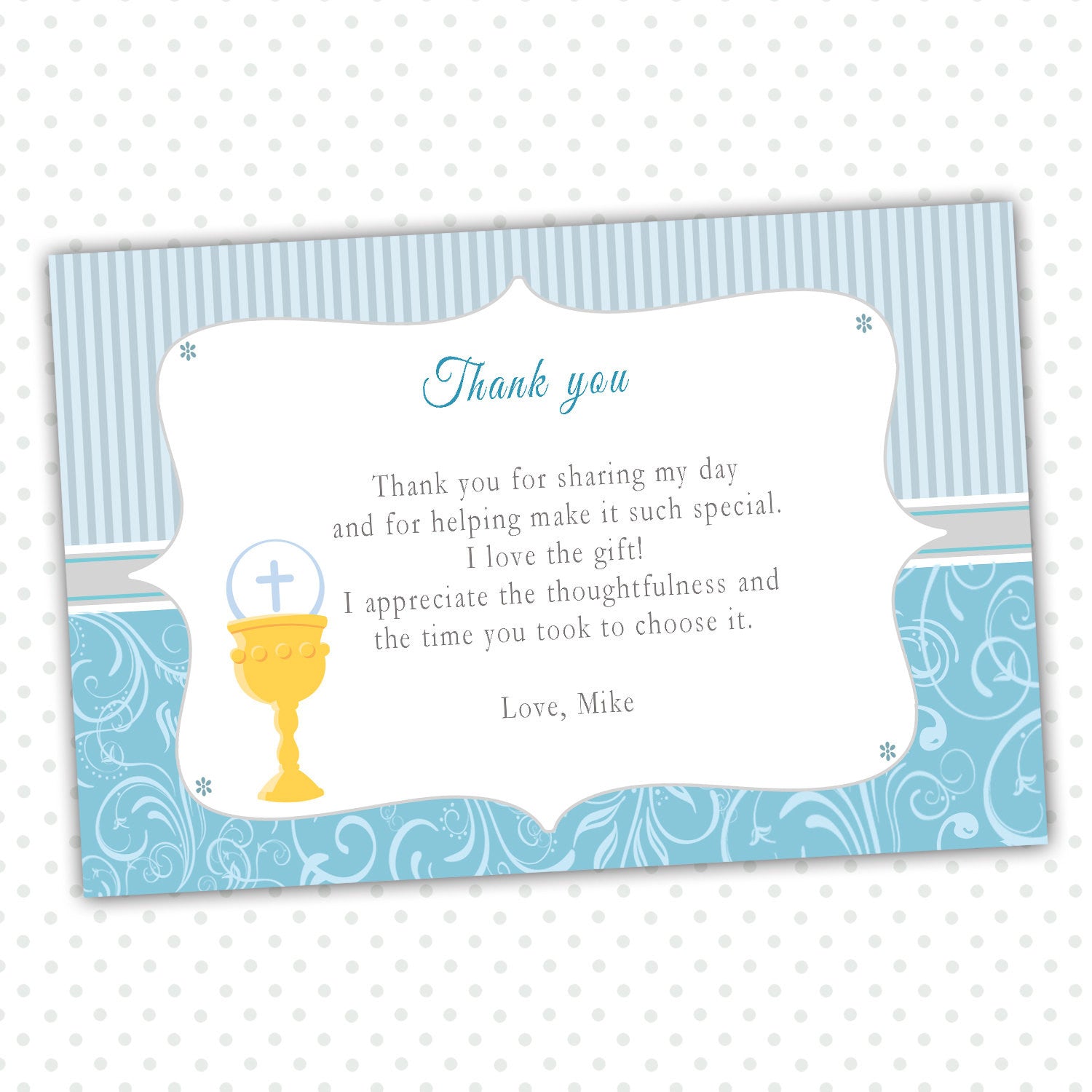 Boy First Holy Communion Thank You Card Note Blue Grey Chalice