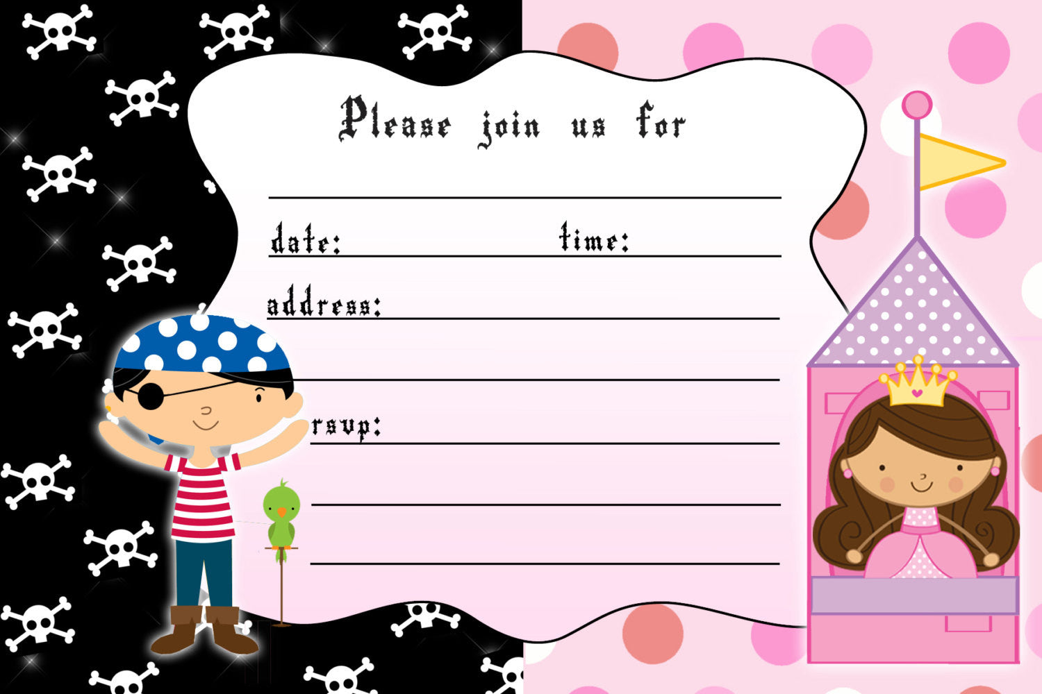 Pirate Princess Invitation Fill In the Blanks Kids Birthday