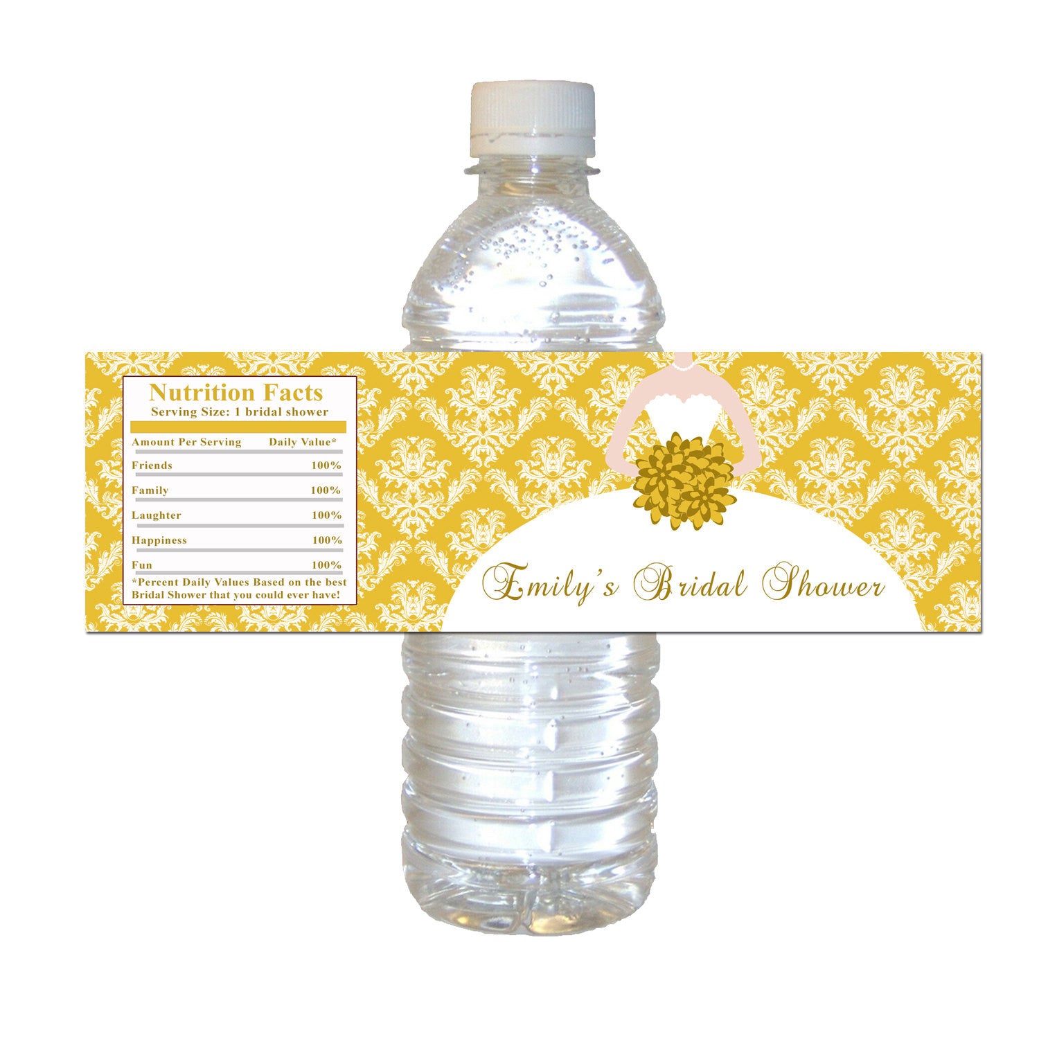 Gold Dress Damask Bridal Shower Bottle Label