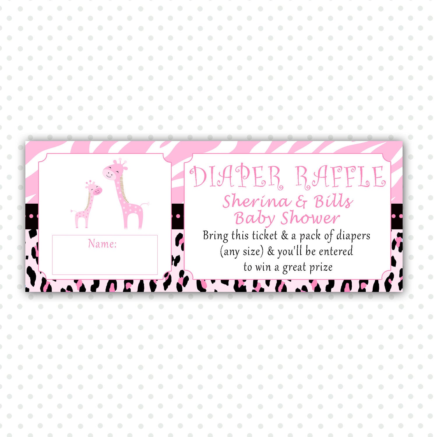 Giraffe Diaper Raffle Ticket Card Baby Girl Shower Pink Zebra Jungle