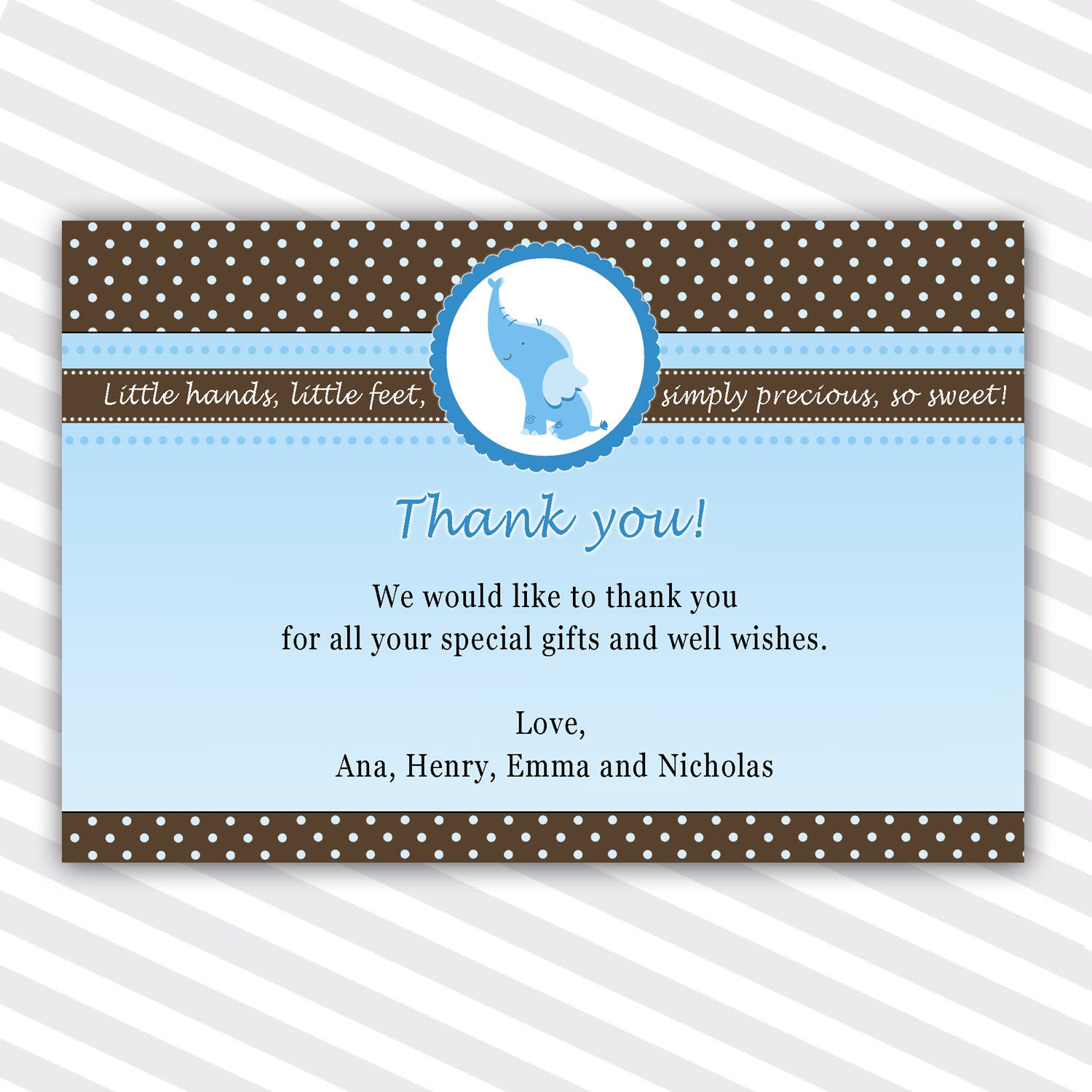 Elephant Thank You Card Blue Brown Baby Shower Birthday