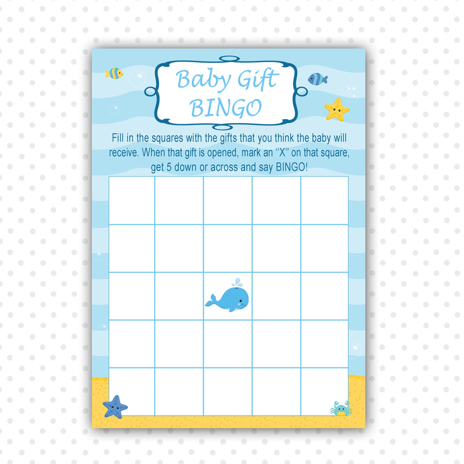 Baby Shower Bingo Card Under The Sea Whale Printable