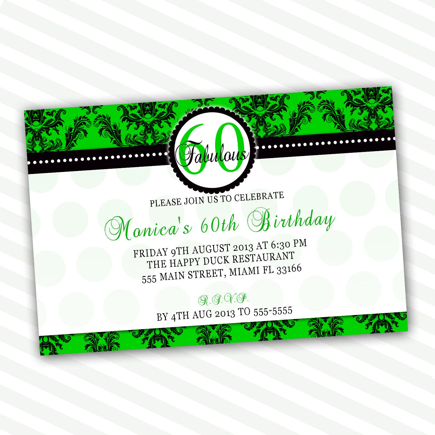 Adult Birthday Invitation Green Black Damask