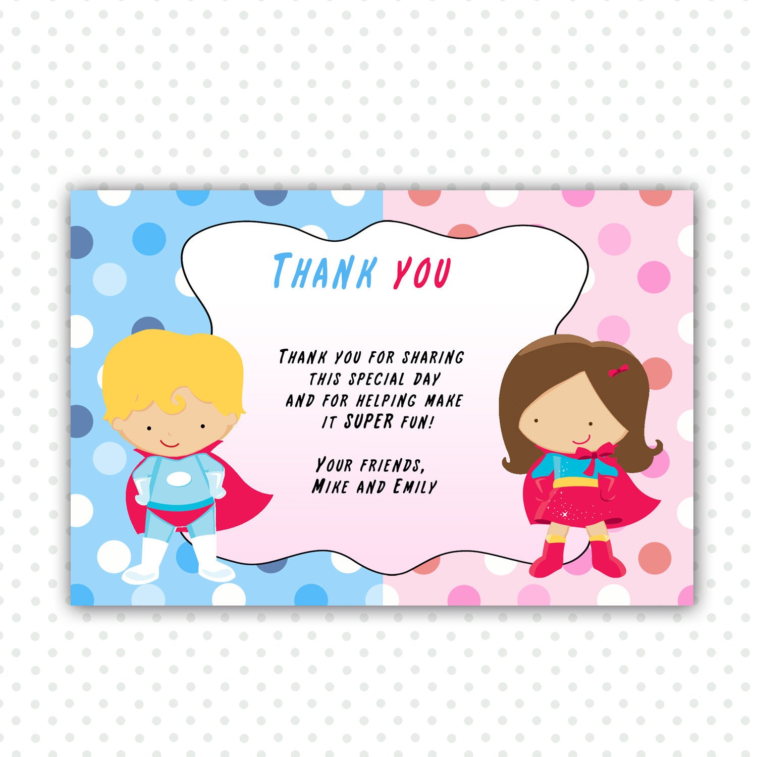 Superhero Thank You Card Note Kids Birthday Girl Boy