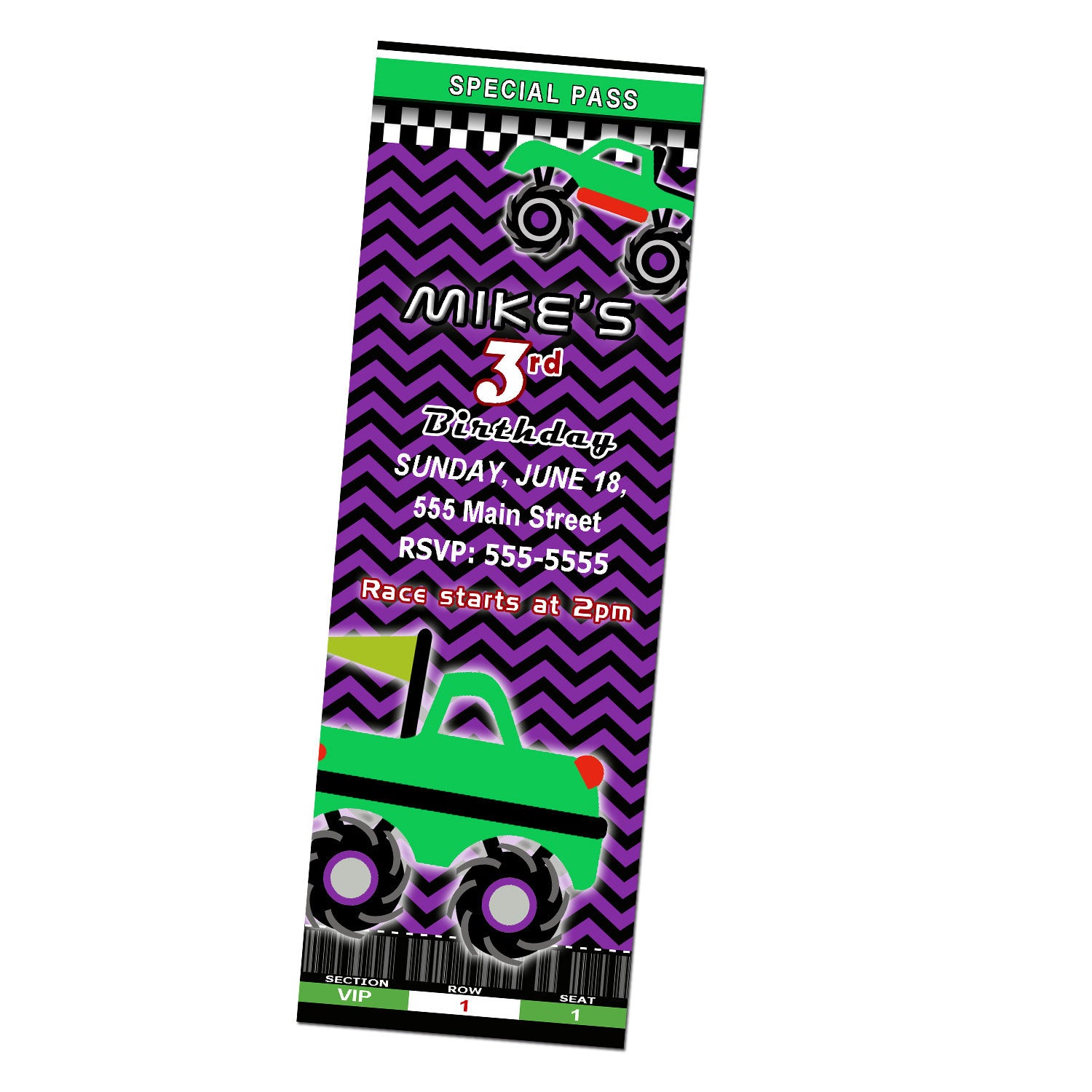 monster truck invitation purple green