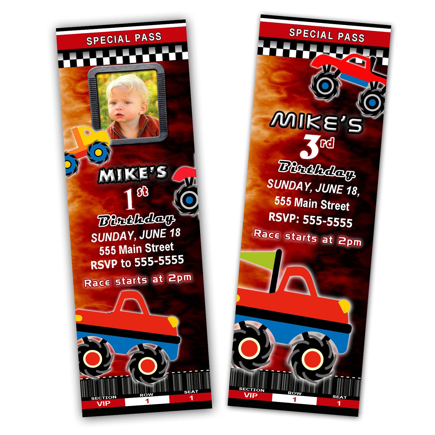 monster truck red ticket invitation photo