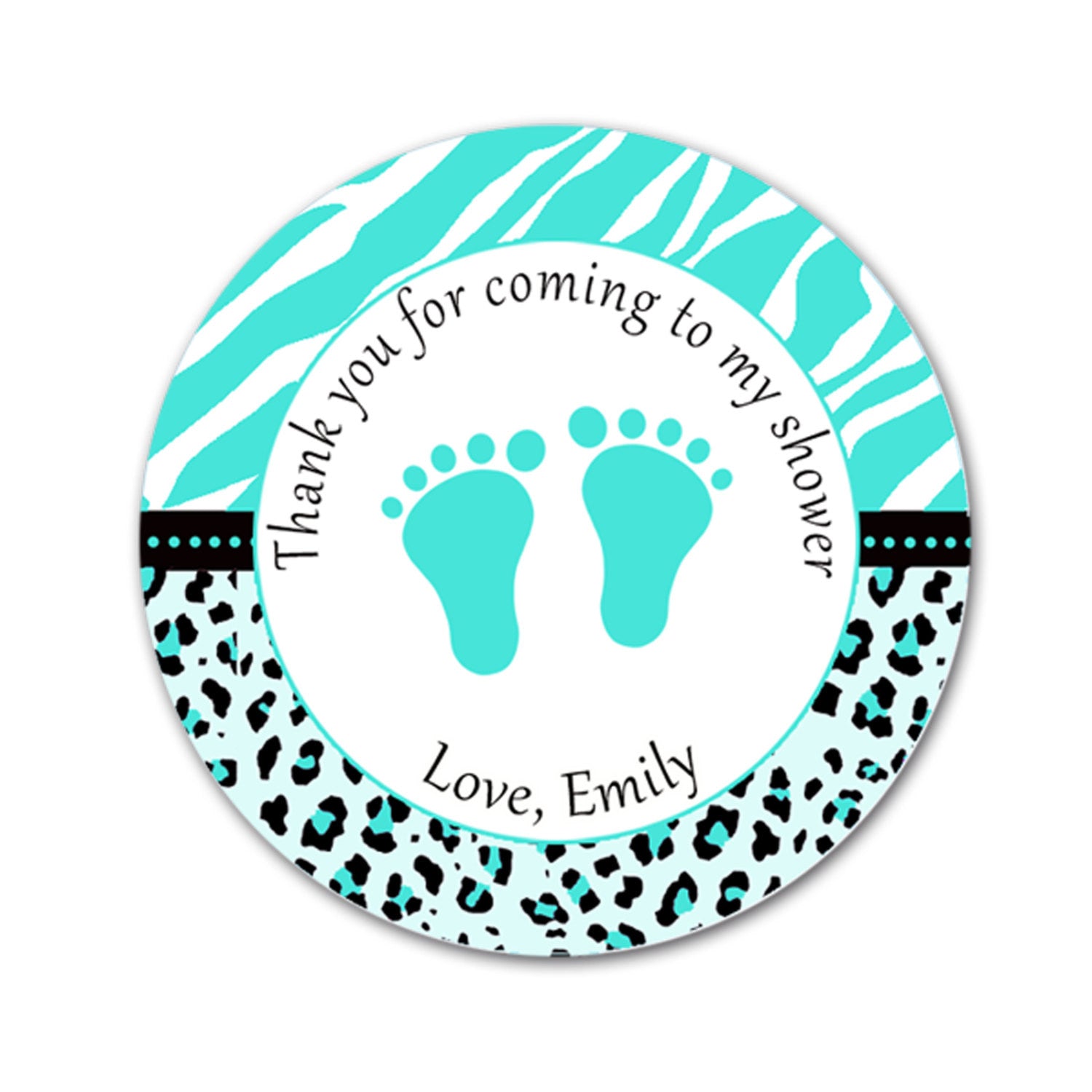 Teal Zebra Leopard Baby Shower Thank You Tag Sticker Favor Label