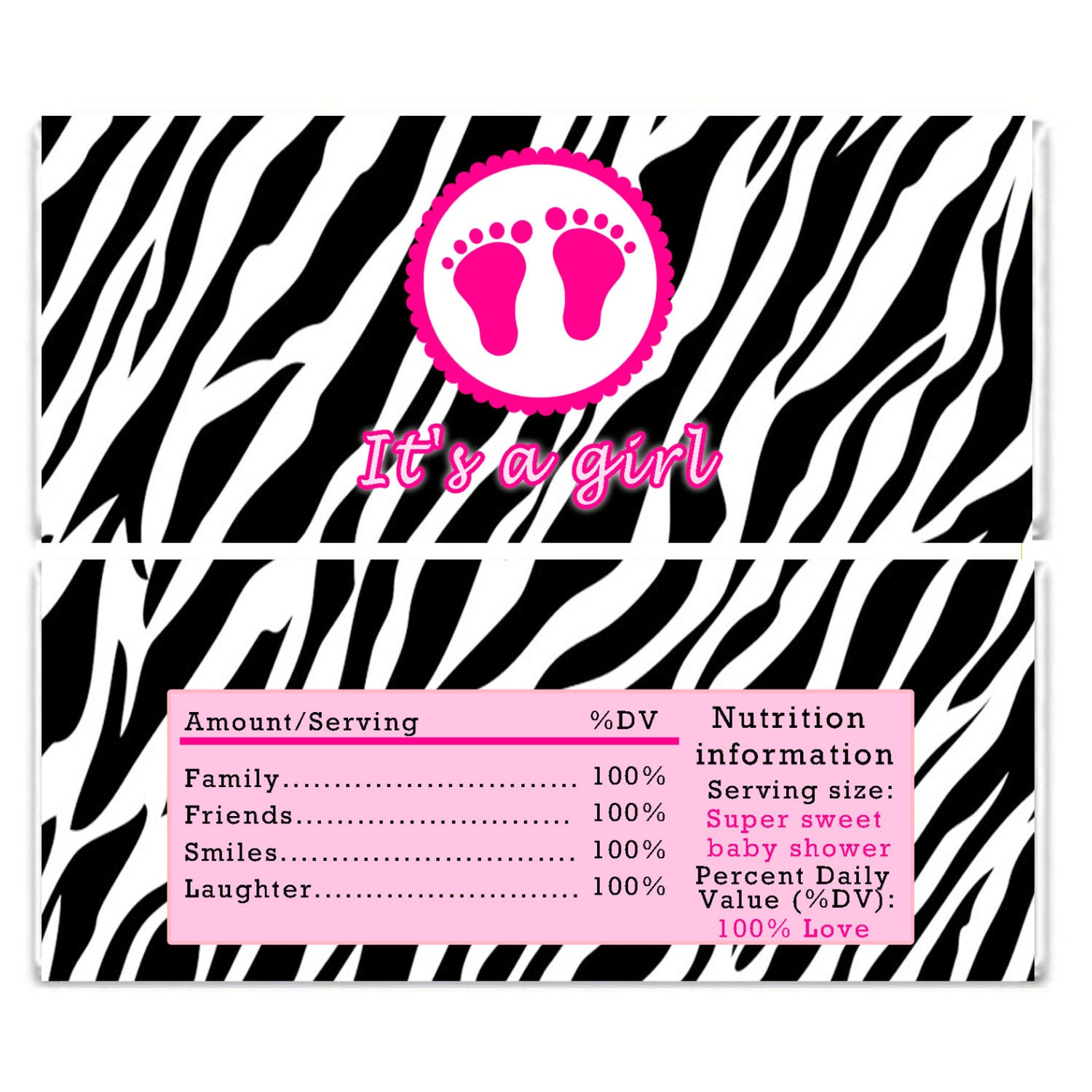 Pink Black Footprints Zebra Baby Shower Candy Bar Wrapper Printable