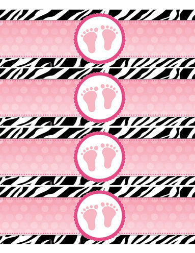 Footprints Pink Zebra Baby Shower Bottle Label Printable