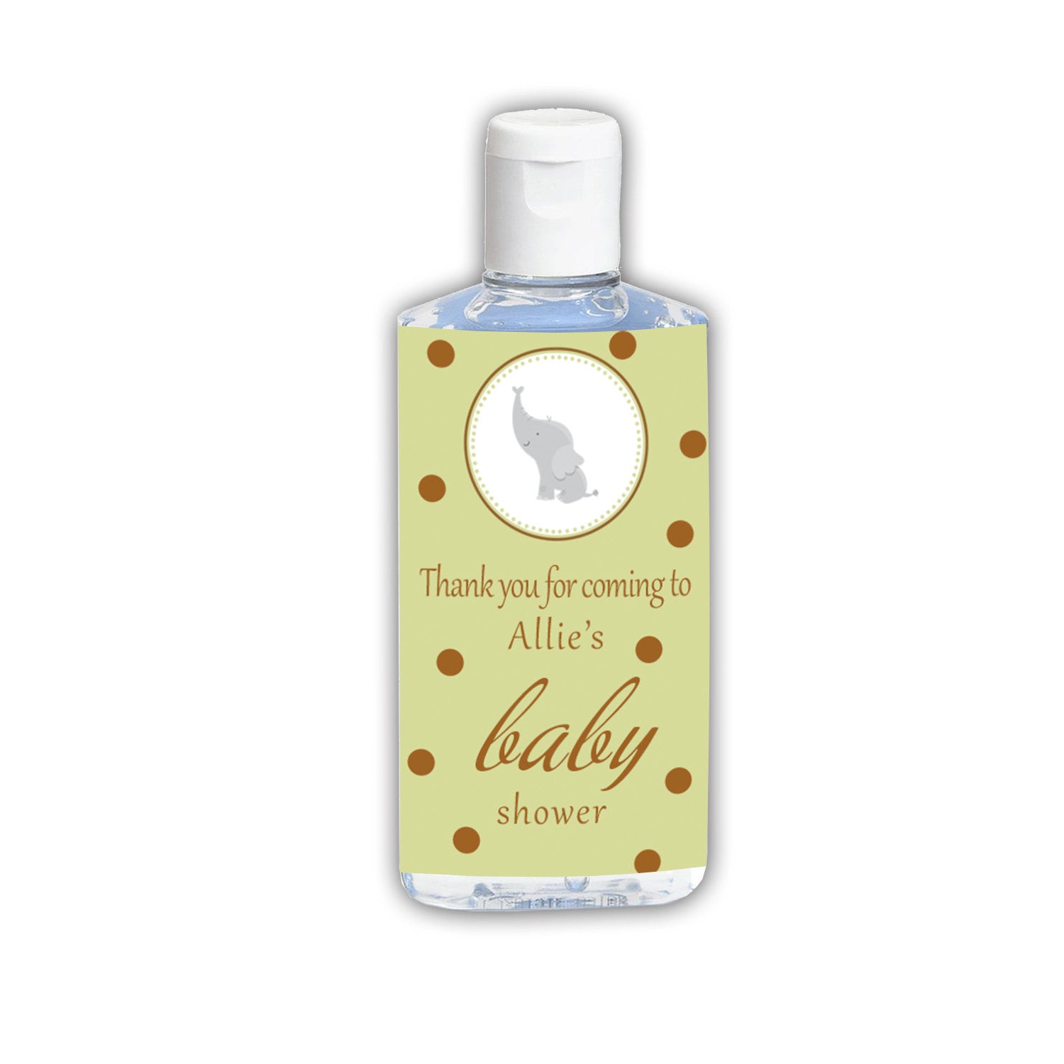 Green Brown Elephant Hand Sanitizer Label Baby Shower Unisex