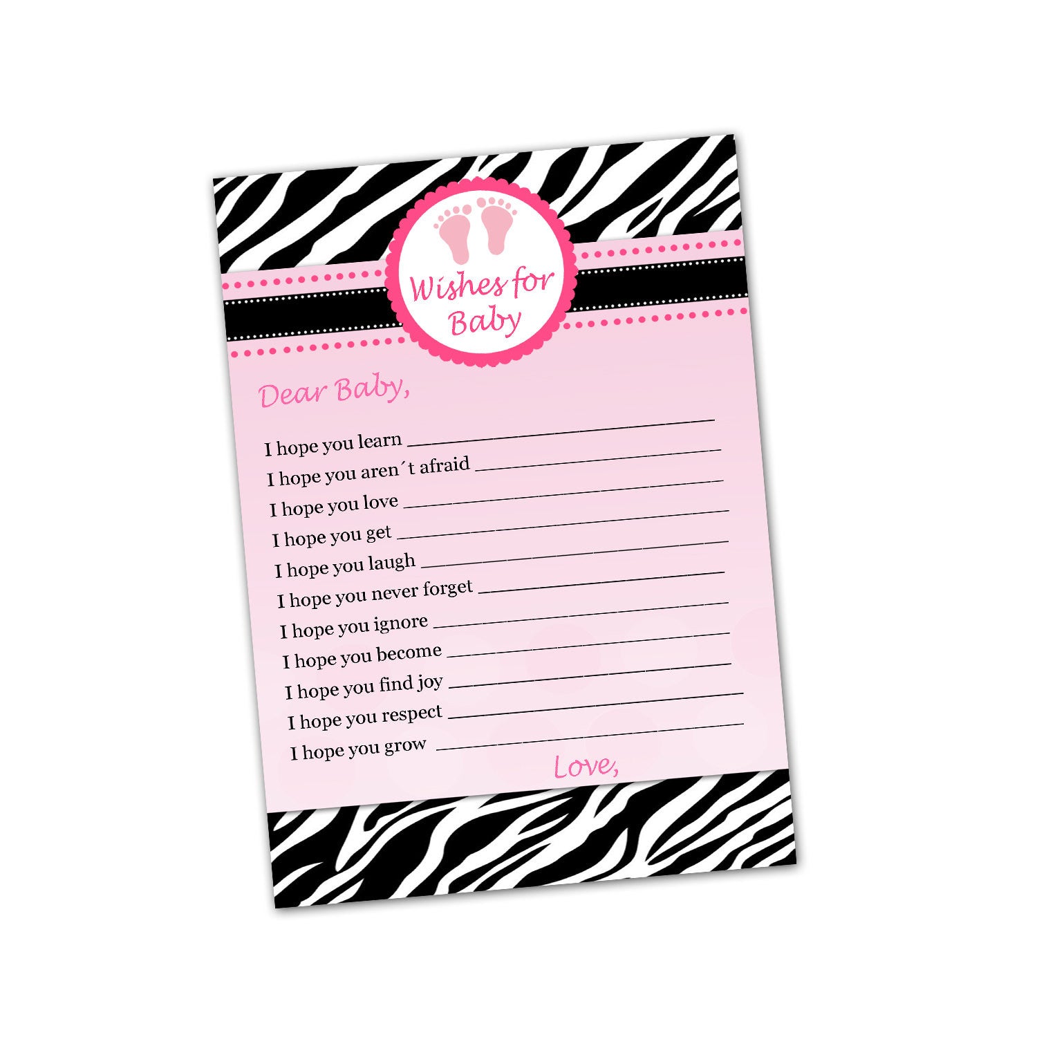 Wishes for Baby Card Pink Black Zebra