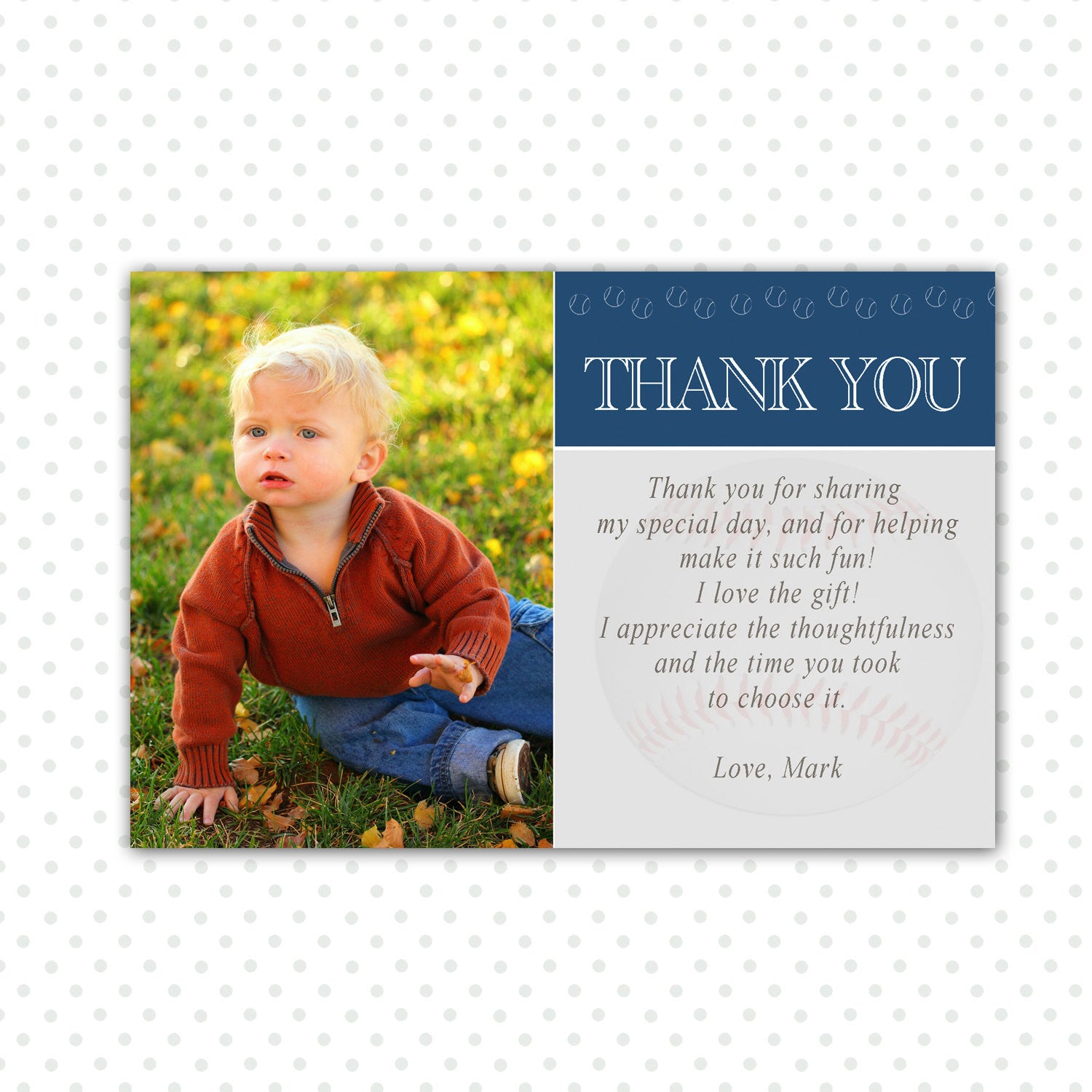 Blue Baseball Thank You Note Photo Card Boy Birthday