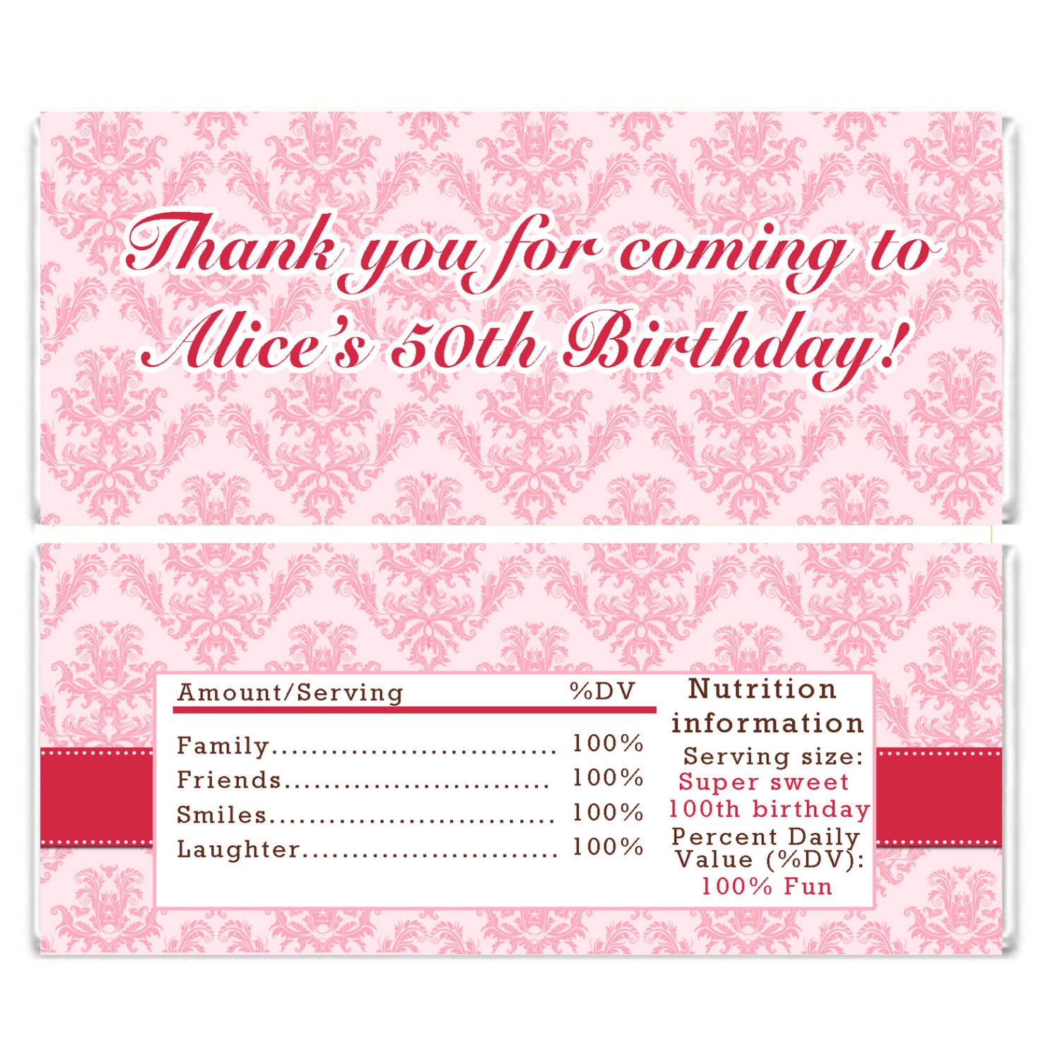Birthday Thank You Candy Bar Wrapper Label Pink
