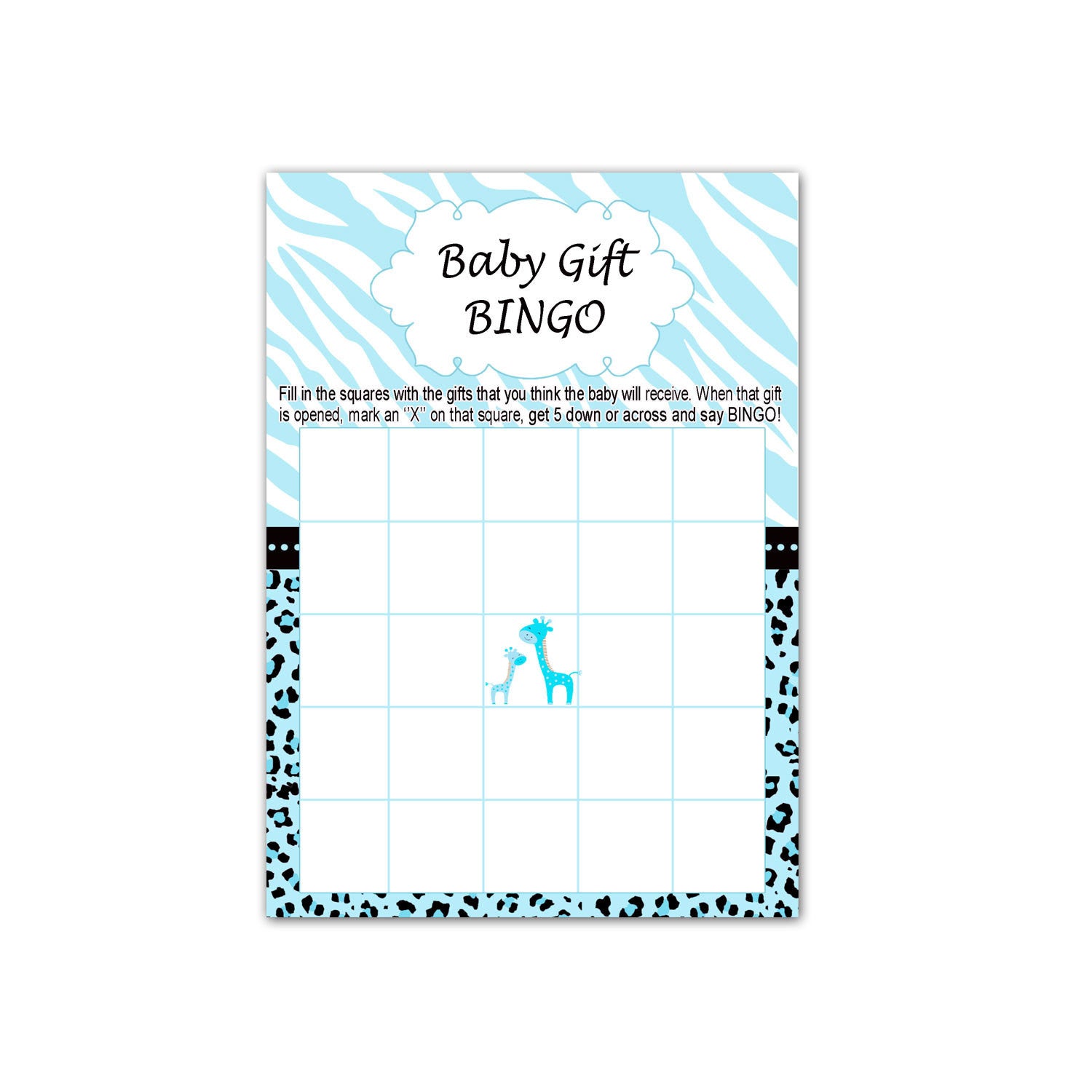 Blue Giraffe Baby Shower Bingo Card