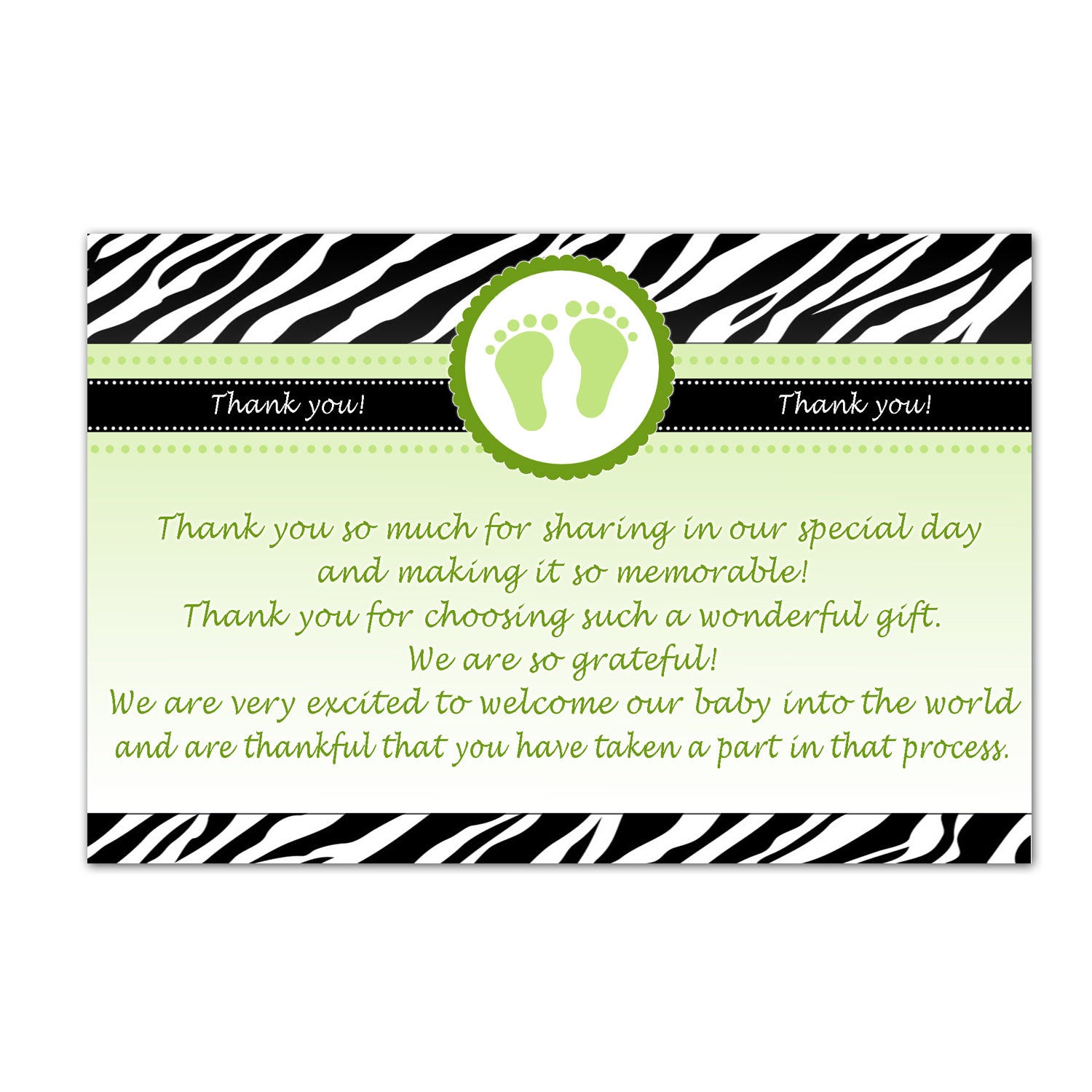 Zebra Unisex Baby Shower Thank You Cards Note - Green Baby Feet Printable INSTANT DOWNLOAD