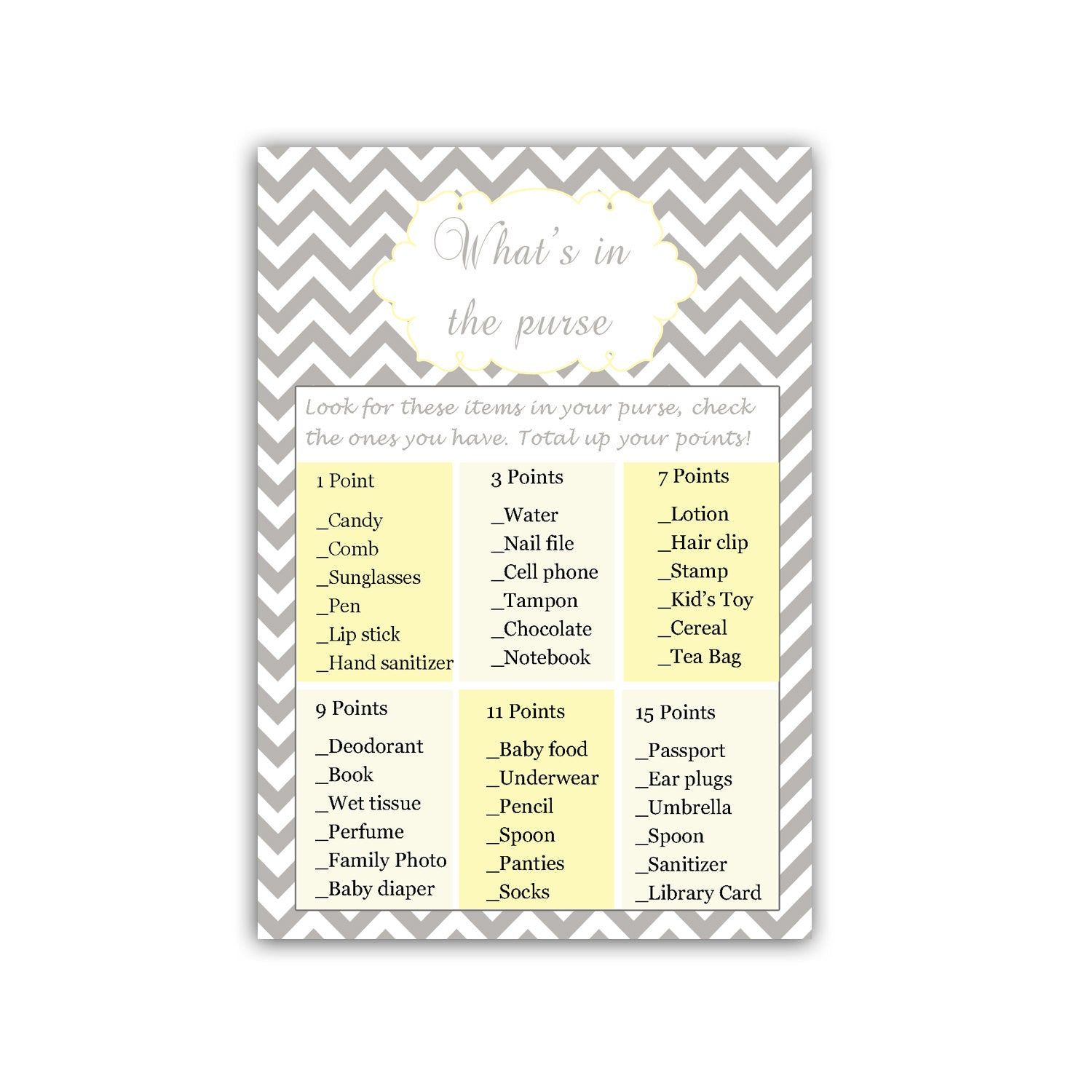 Grey Yellow Whats In The Purse Bridal Shower Game