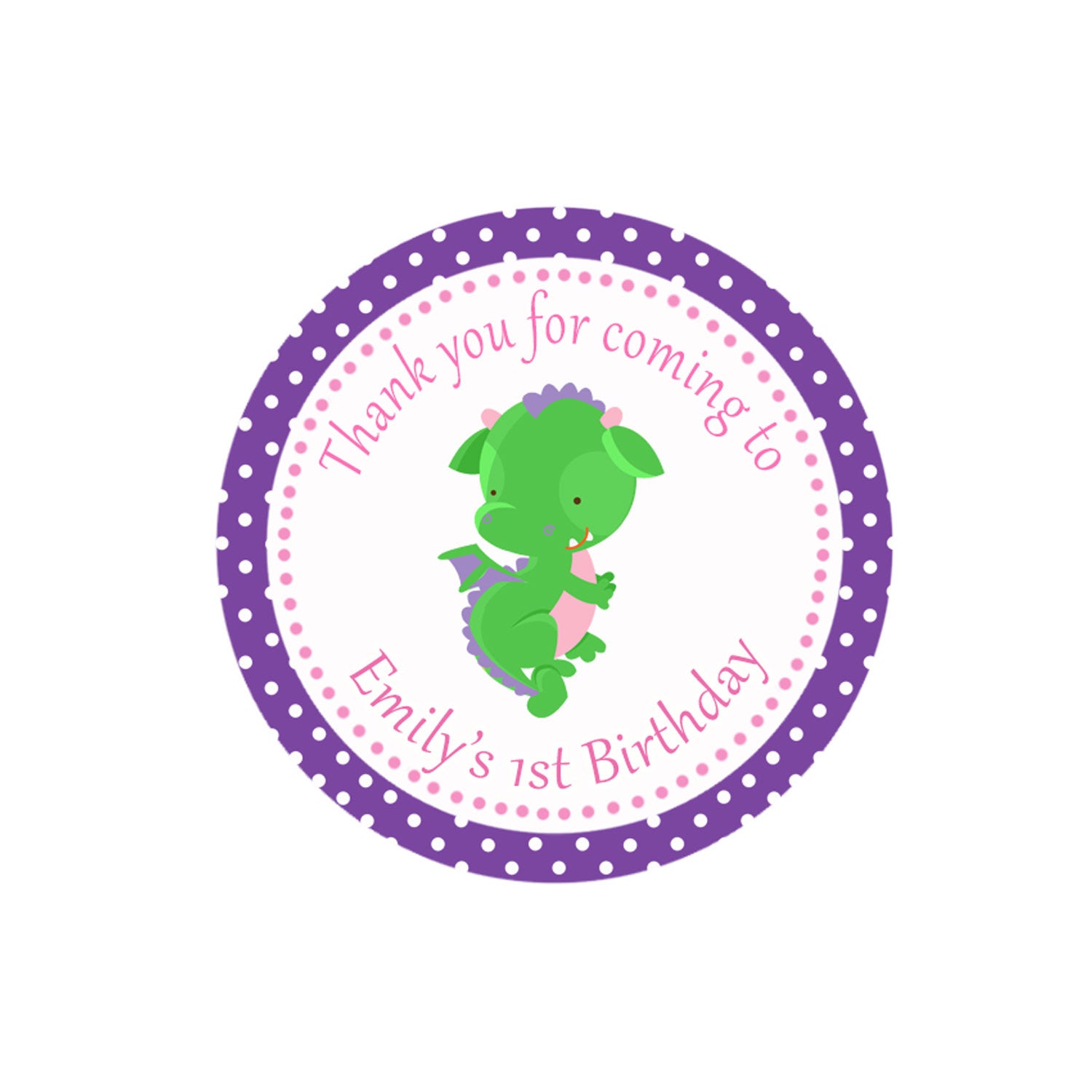 Purple Green Dragon Birthday Baby Shower Party Thank You Tag Label Sticker