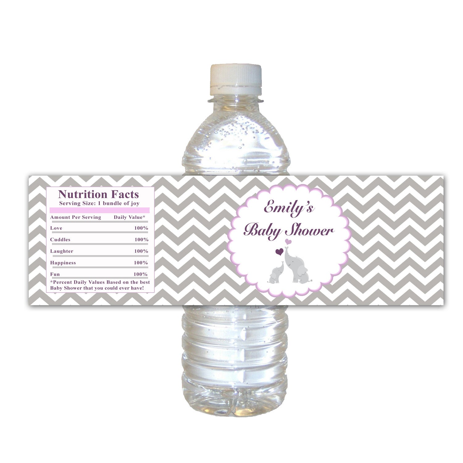 Purple Grey Elephant Baby Shower Bottle Label
