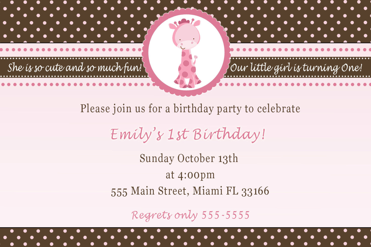 Giraffe Invitation Pink Brown Girl Birthday Baby Shower