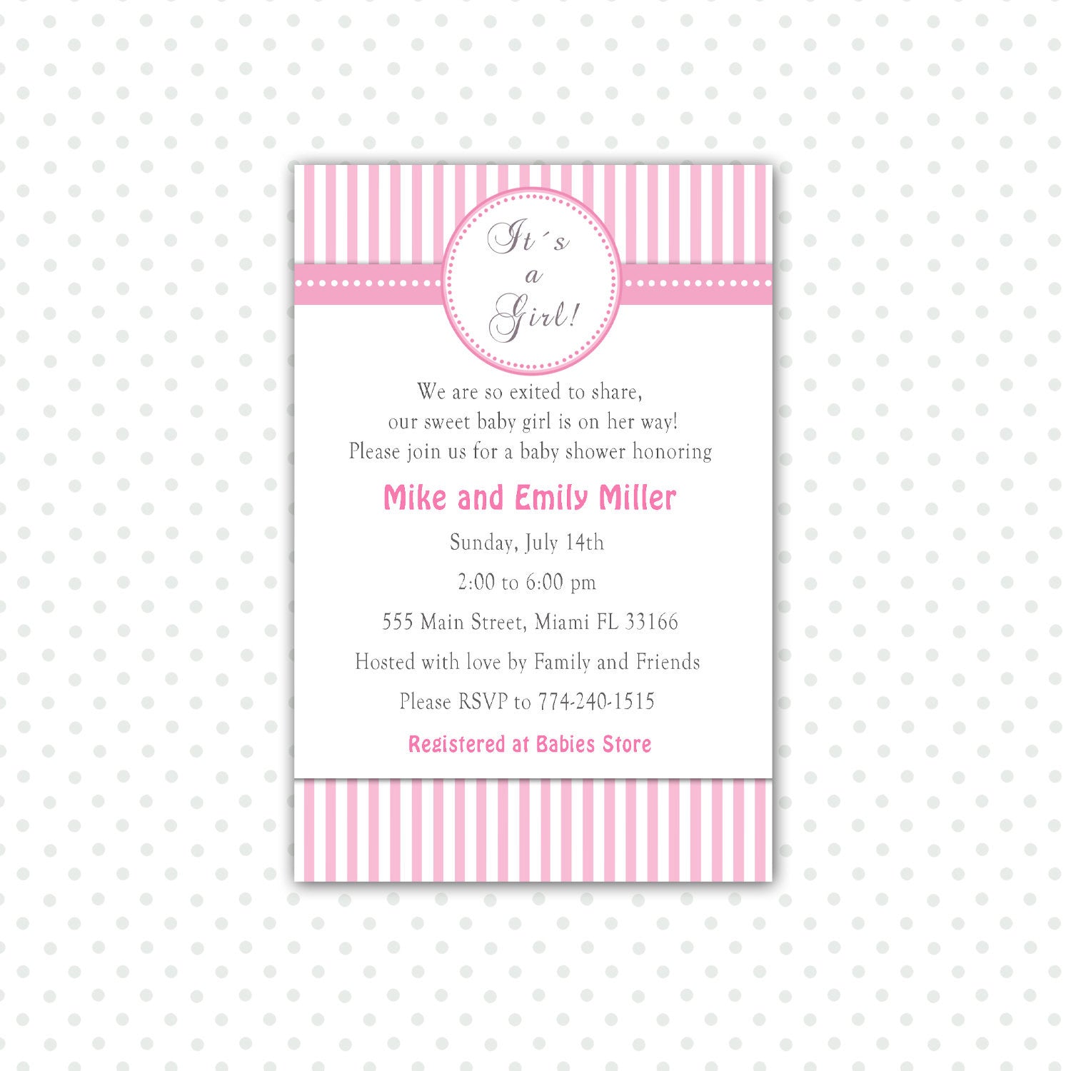 pink stripes baby girl shower invitation