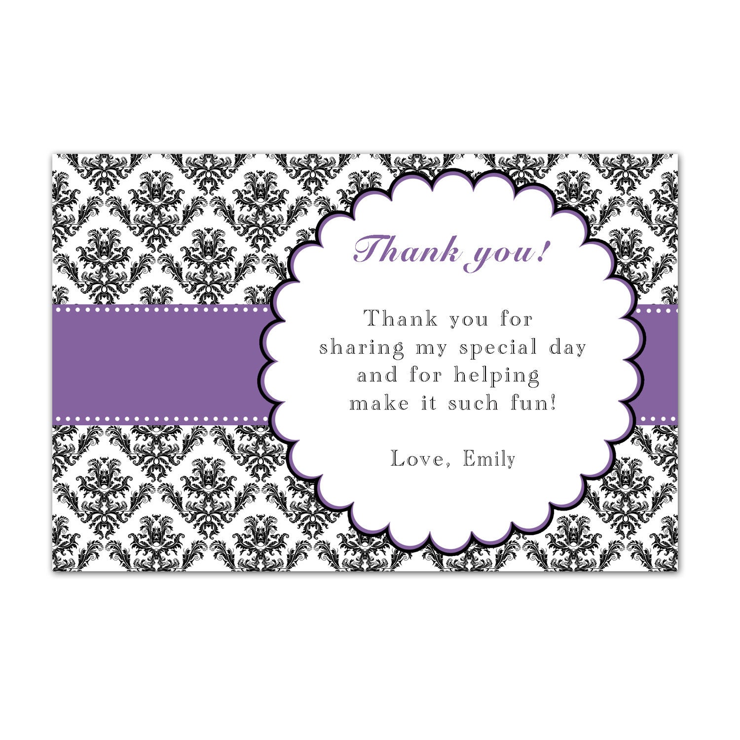Purple Damask Thank You Card Note Birthday Bridal Shower