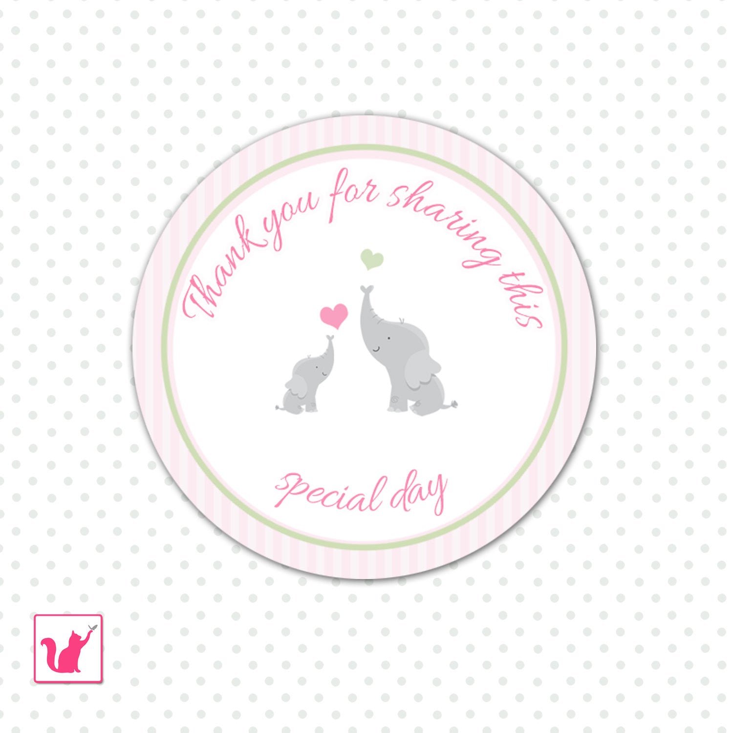 Pink Striped Elephant Baby Shower Favor Label Tag Printable