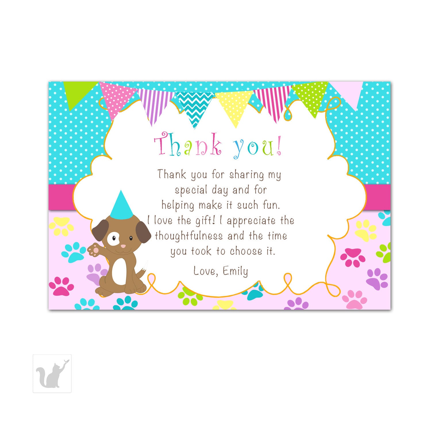 Puppy Party Thank You Card Girl Birthday Pawty Pink Turquoise