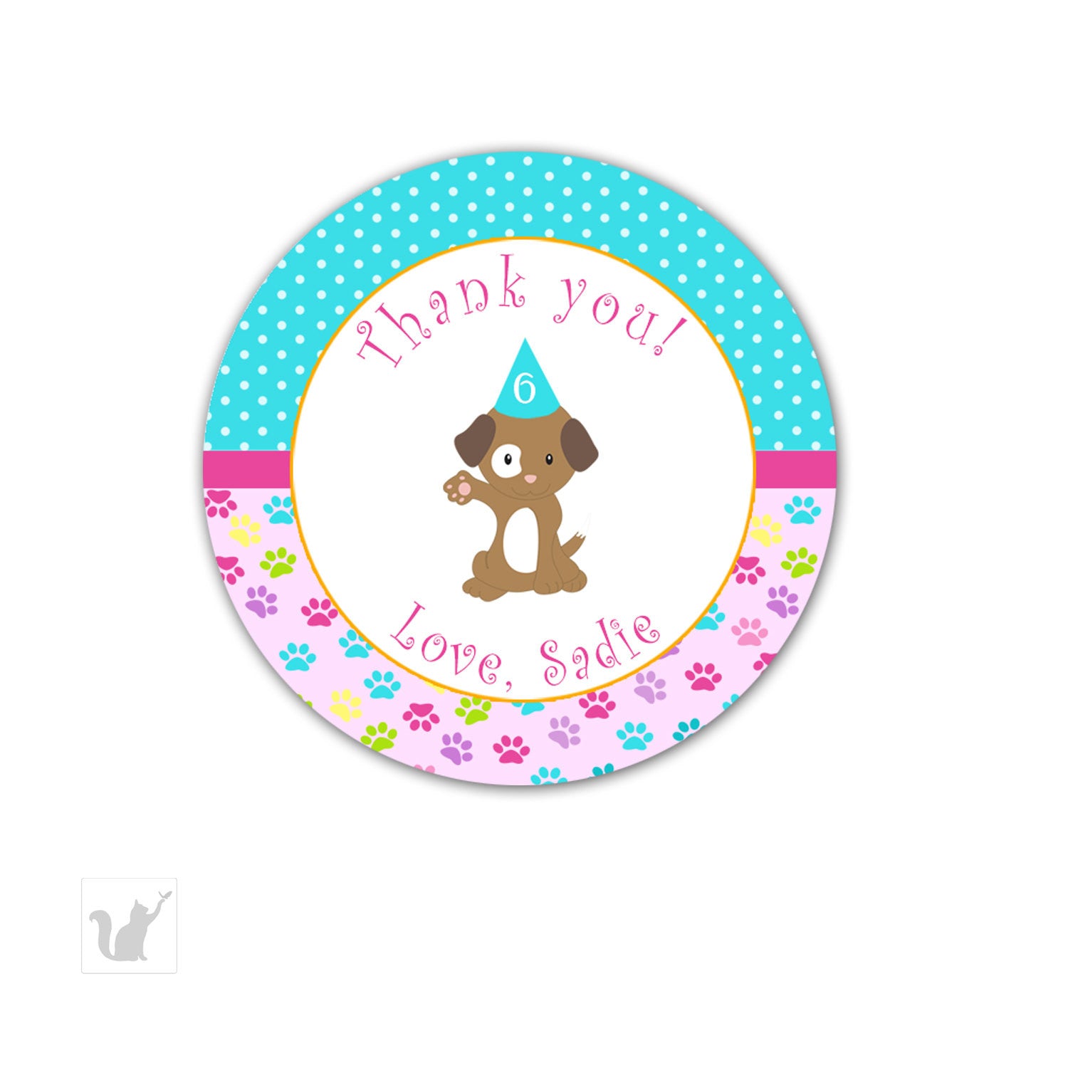 Puppy Pawty Thank You Tag Label Sticker Girl Birthday Party Pink Turquoise